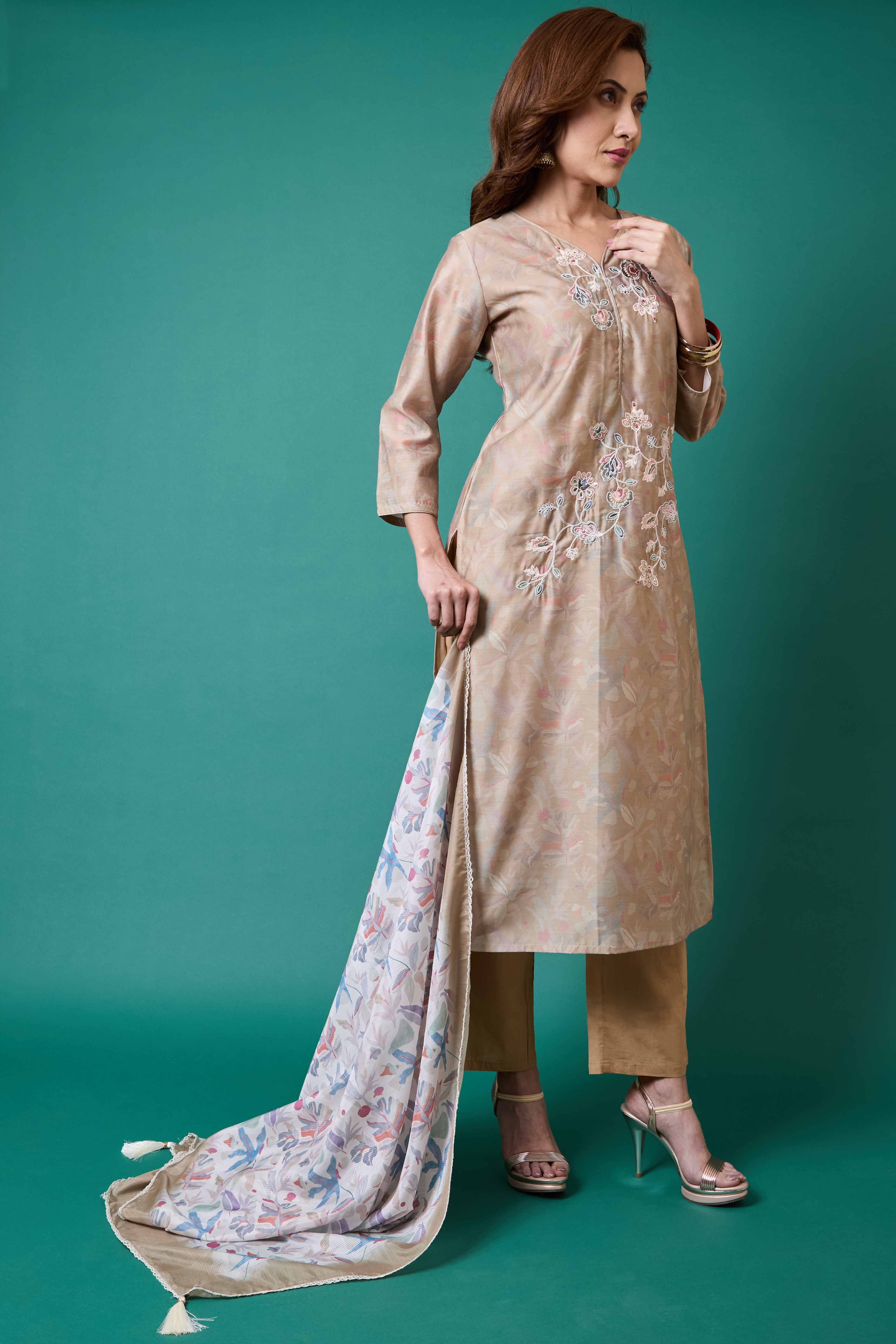 Light Olive Floral Embroidered Chanderi Silk Straight Salwar Suit - Image 5