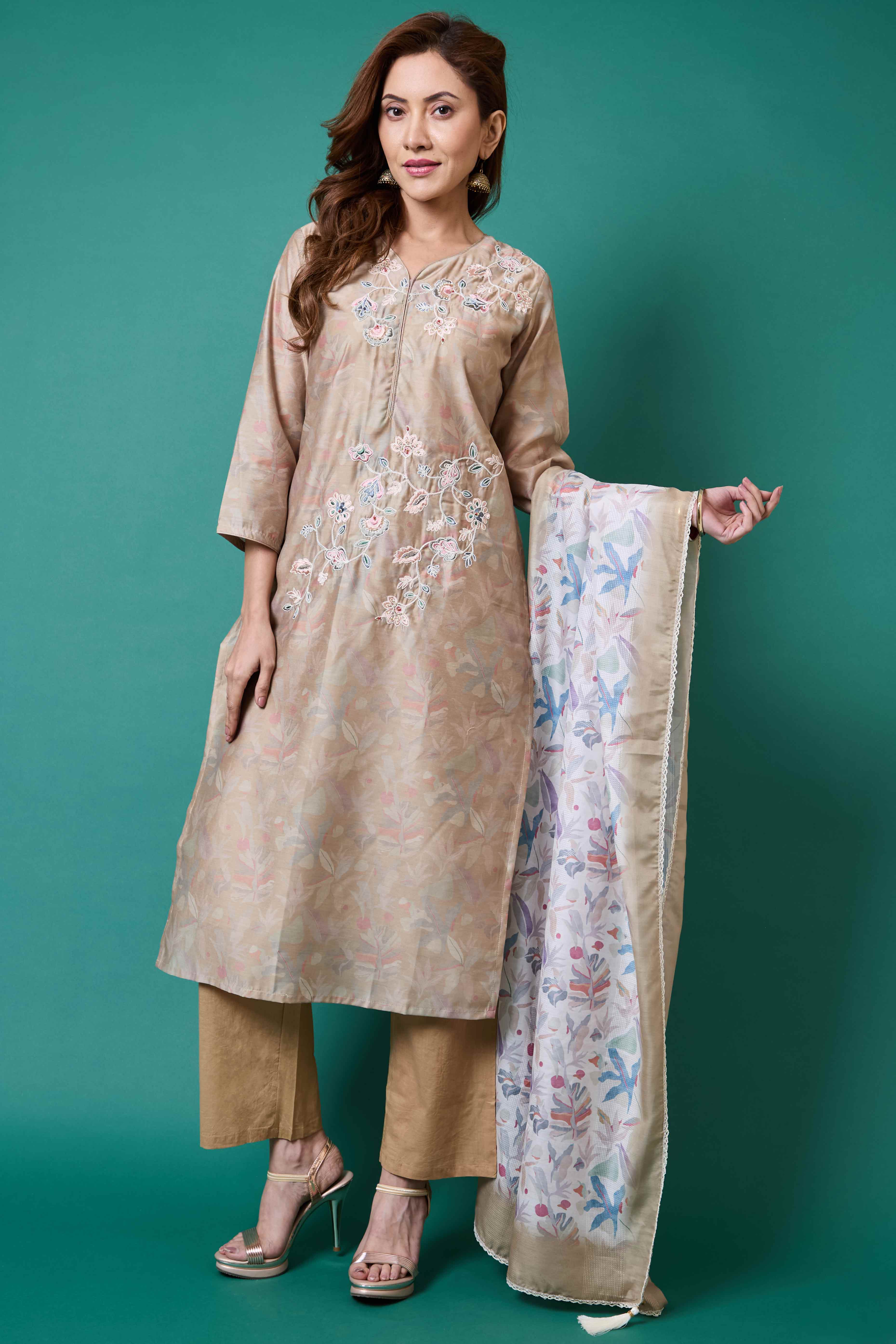 Light Olive Floral Embroidered Chanderi Silk Straight Salwar Suit - Image 7