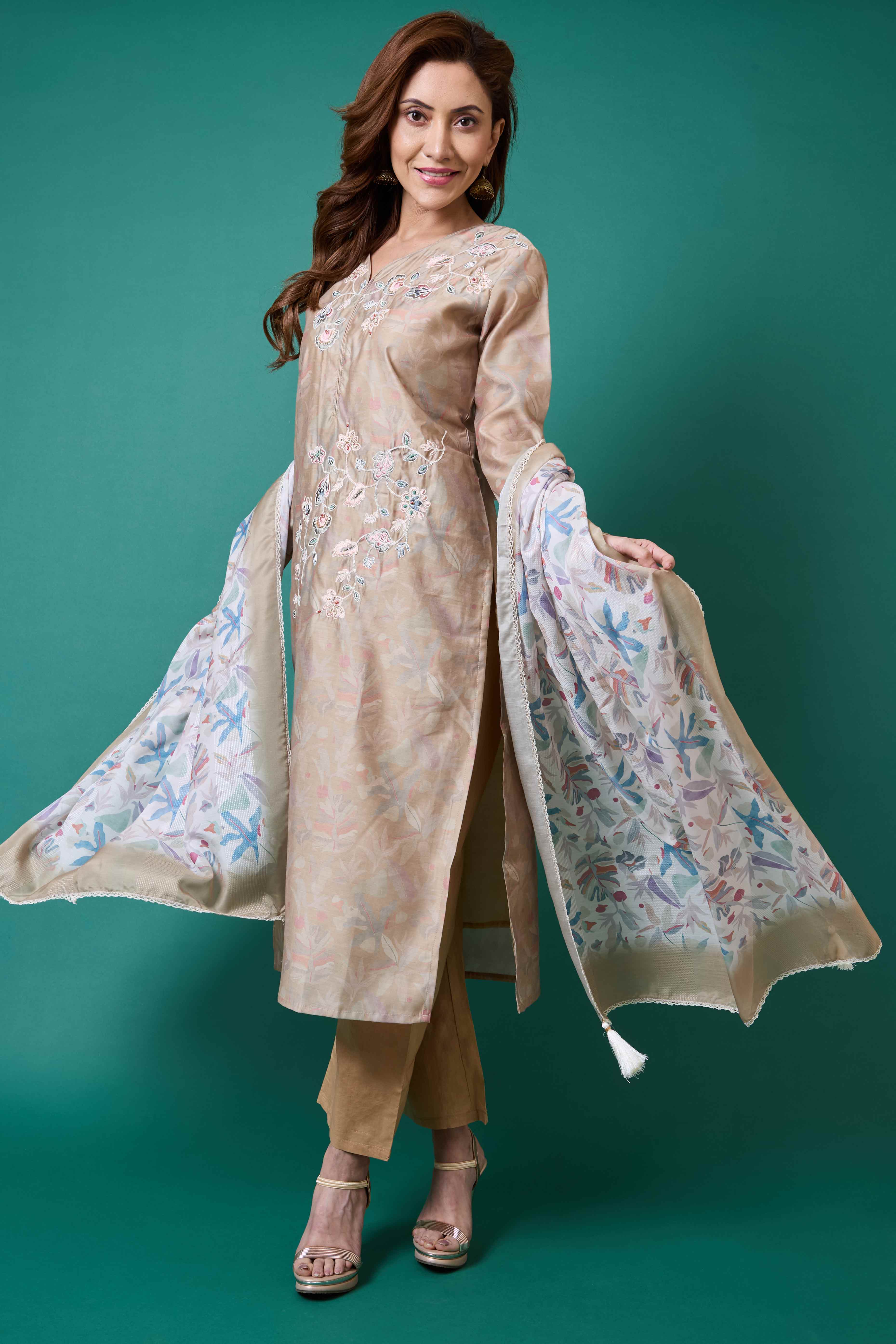 Light Olive Floral Embroidered Chanderi Silk Straight Salwar Suit - Image 8