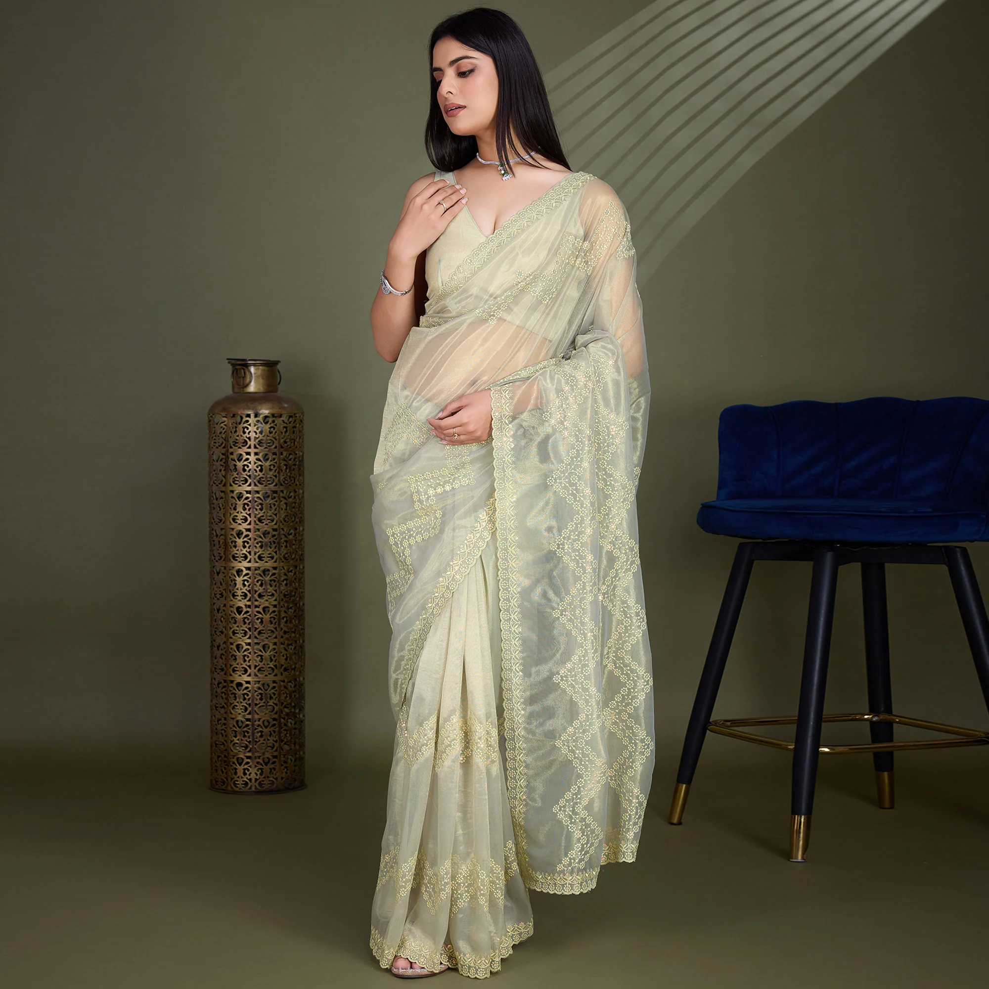 Light Olive Green Sequins Embroidered Shimmer Net Saree - Image 2
