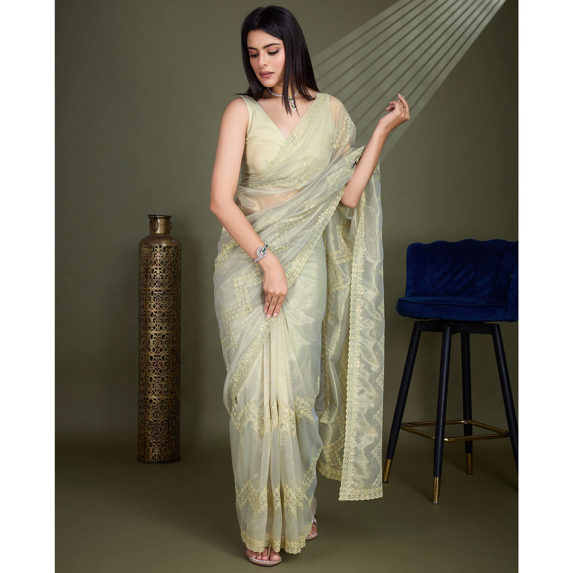 Light Olive Green Sequins Embroidered Shimmer Net Saree - Image 4