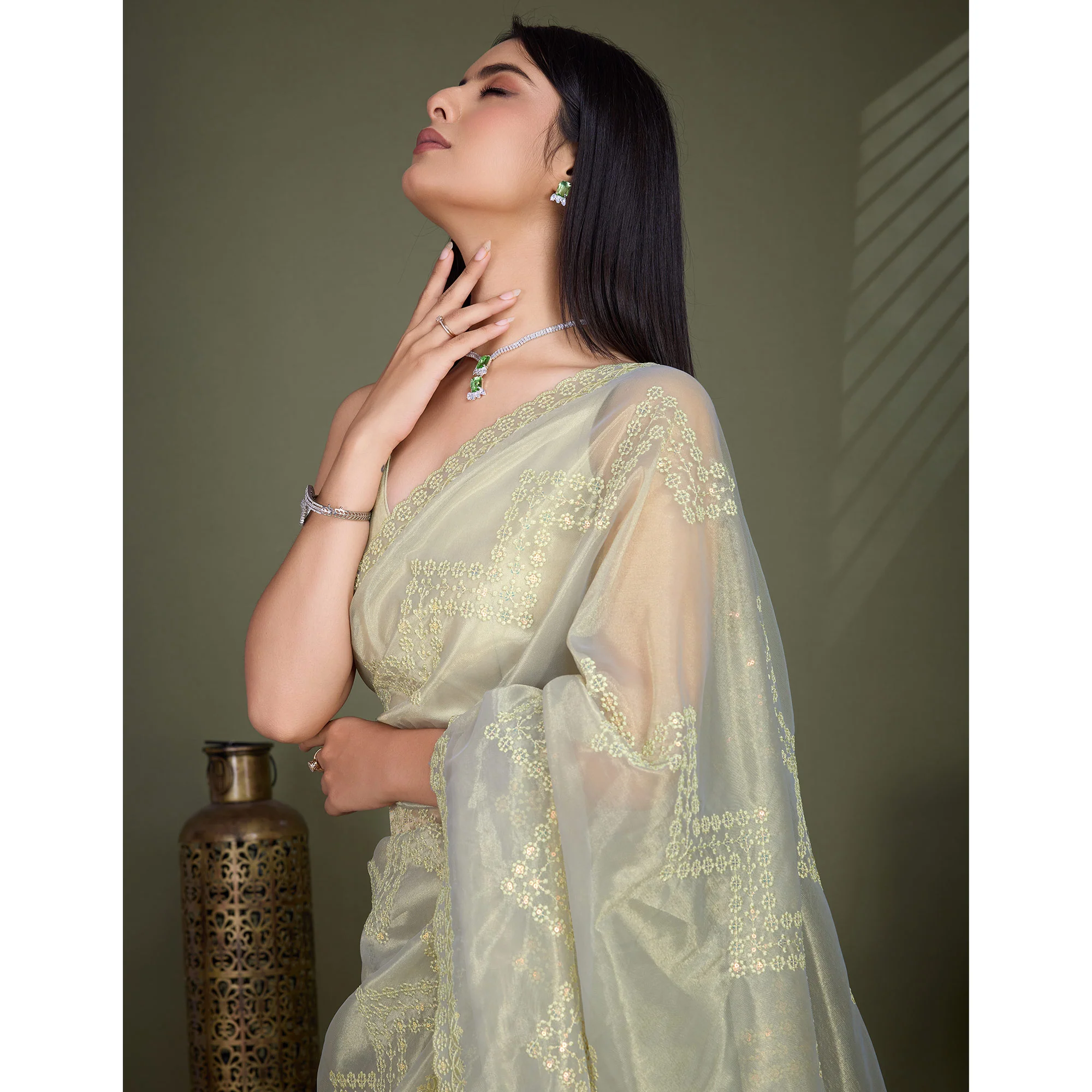 Light Olive Green Sequins Embroidered Shimmer Net Saree - Image 7