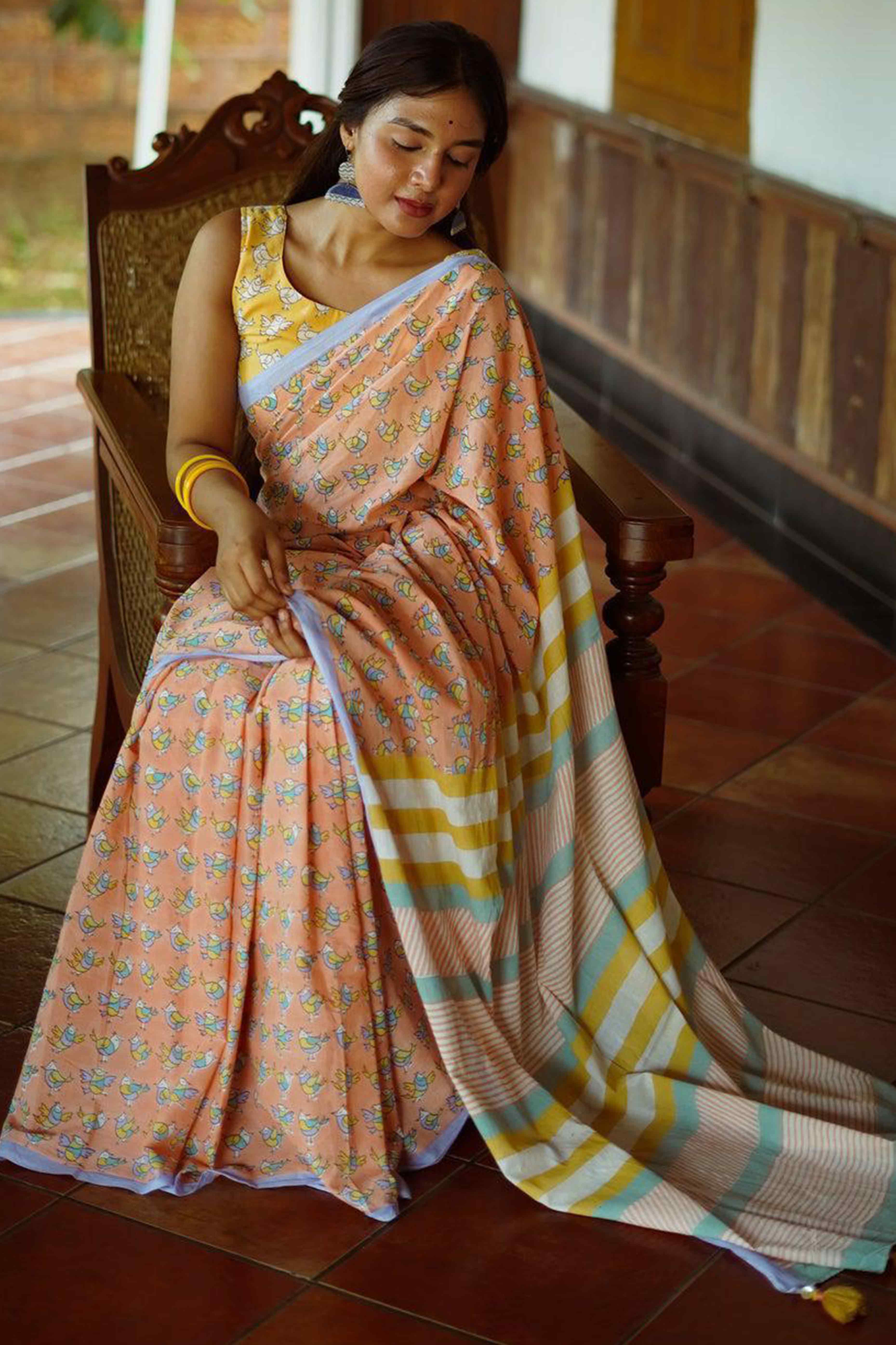 Light Orange Batik Printed Pure Linen Saree With Tassels - Image 4
