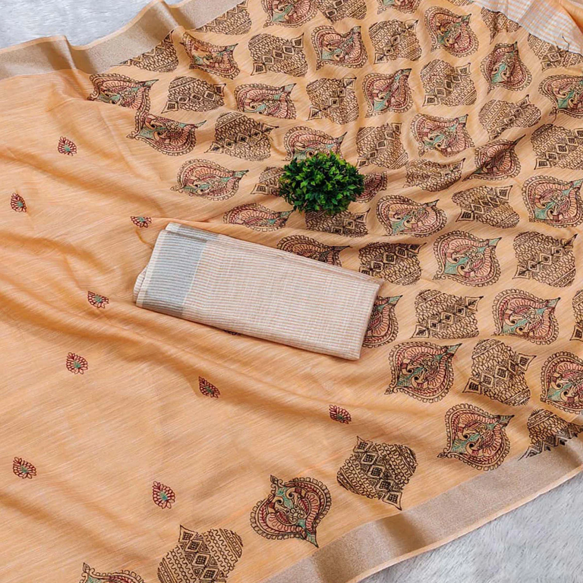 Light Orange Embroidered Cotton Silk Saree With Tassels - Image 2