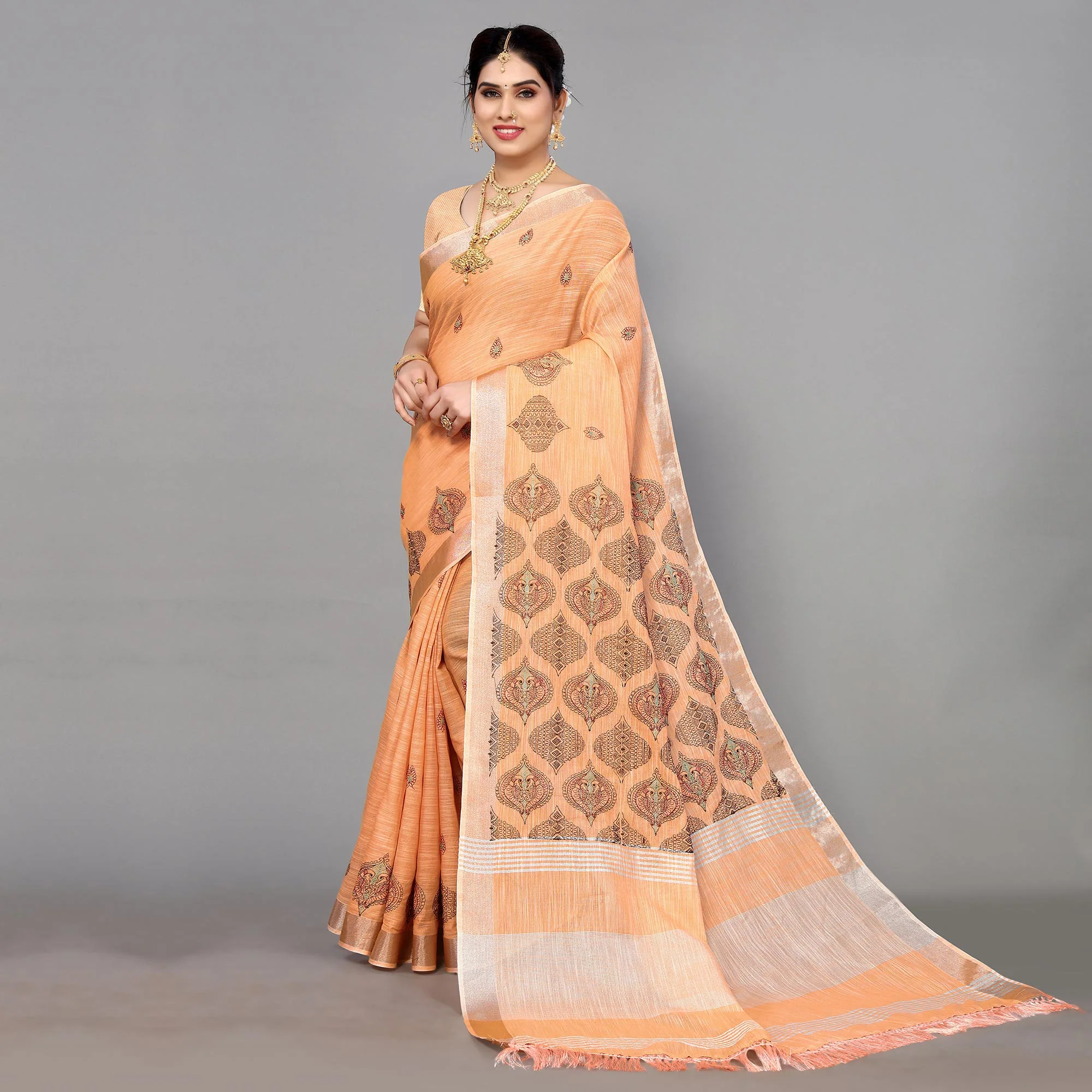 Light Orange Embroidered Cotton Silk Saree With Tassels - Image 3