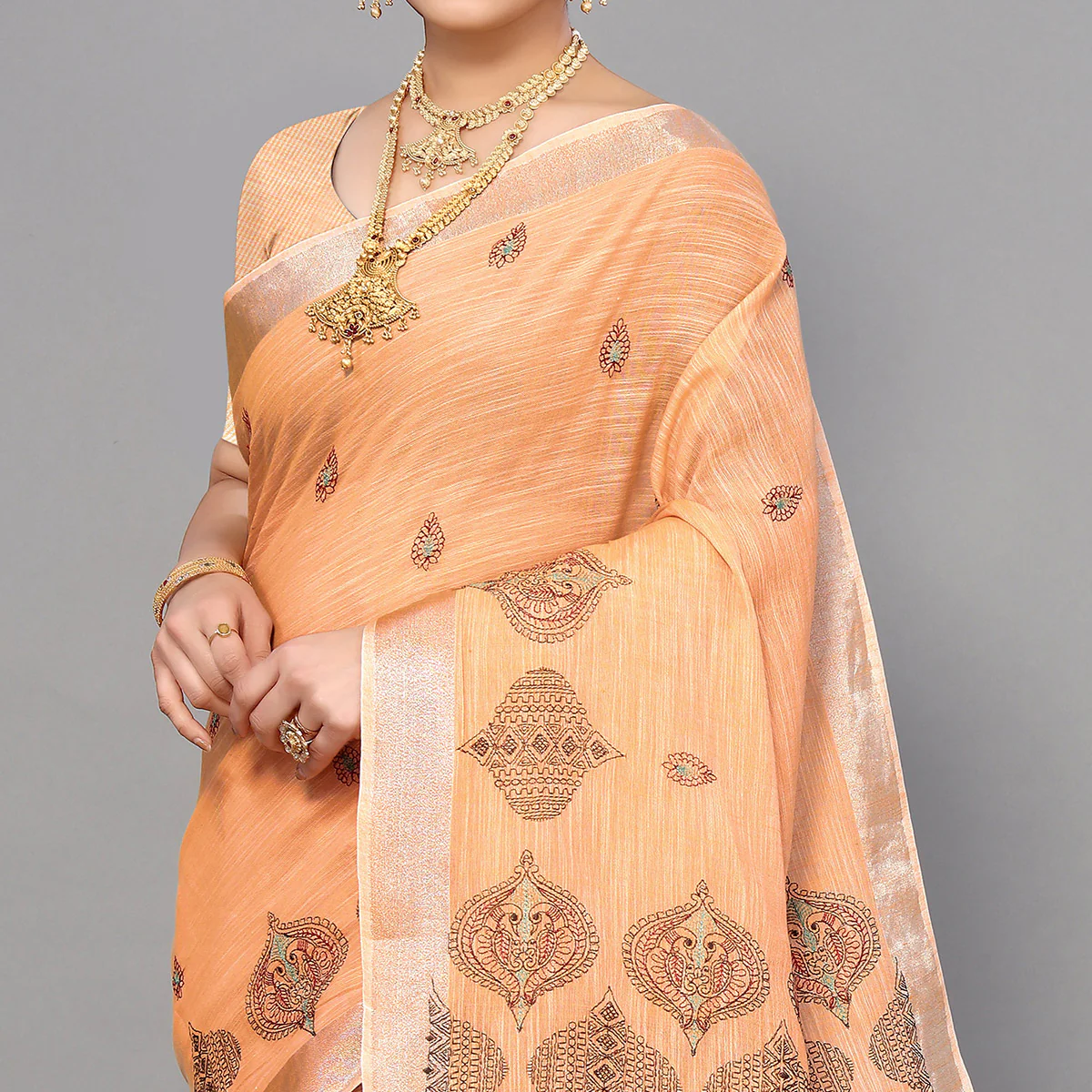 Light Orange Embroidered Cotton Silk Saree With Tassels - Image 4