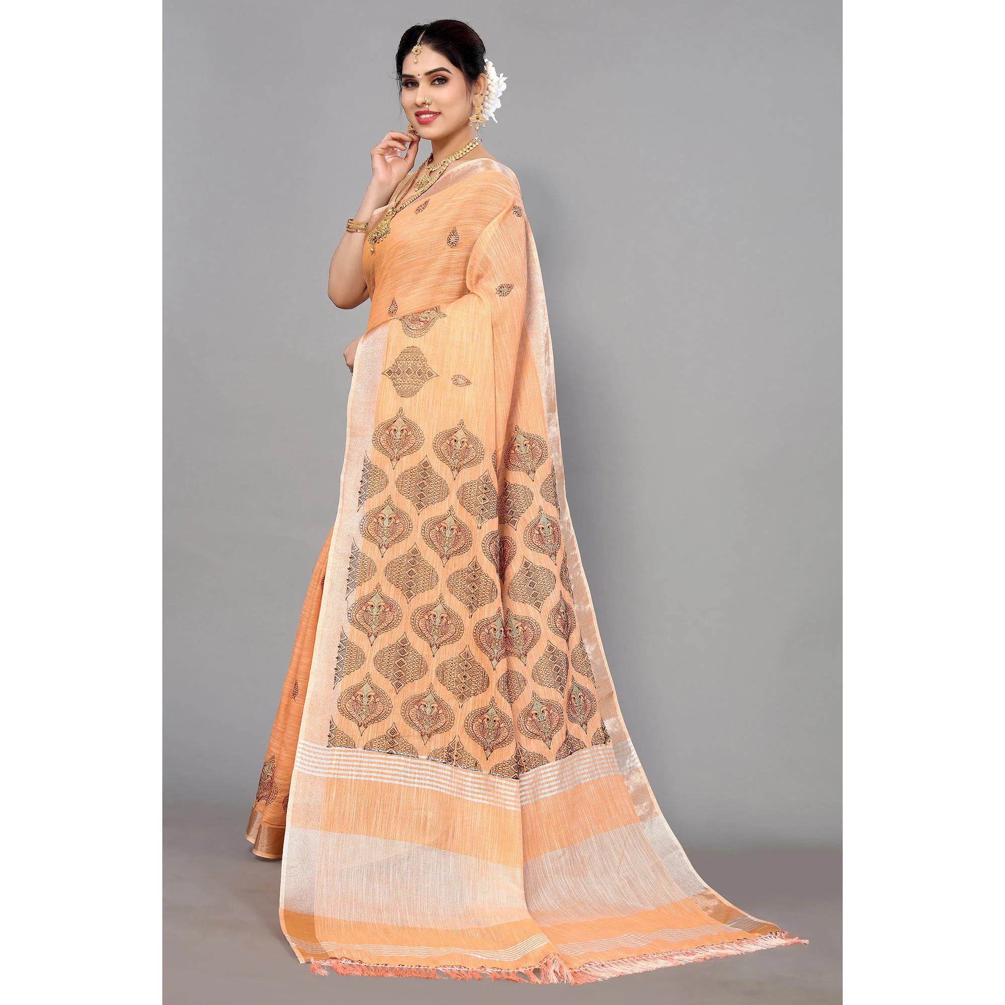 Light Orange Embroidered Cotton Silk Saree With Tassels - Image 5