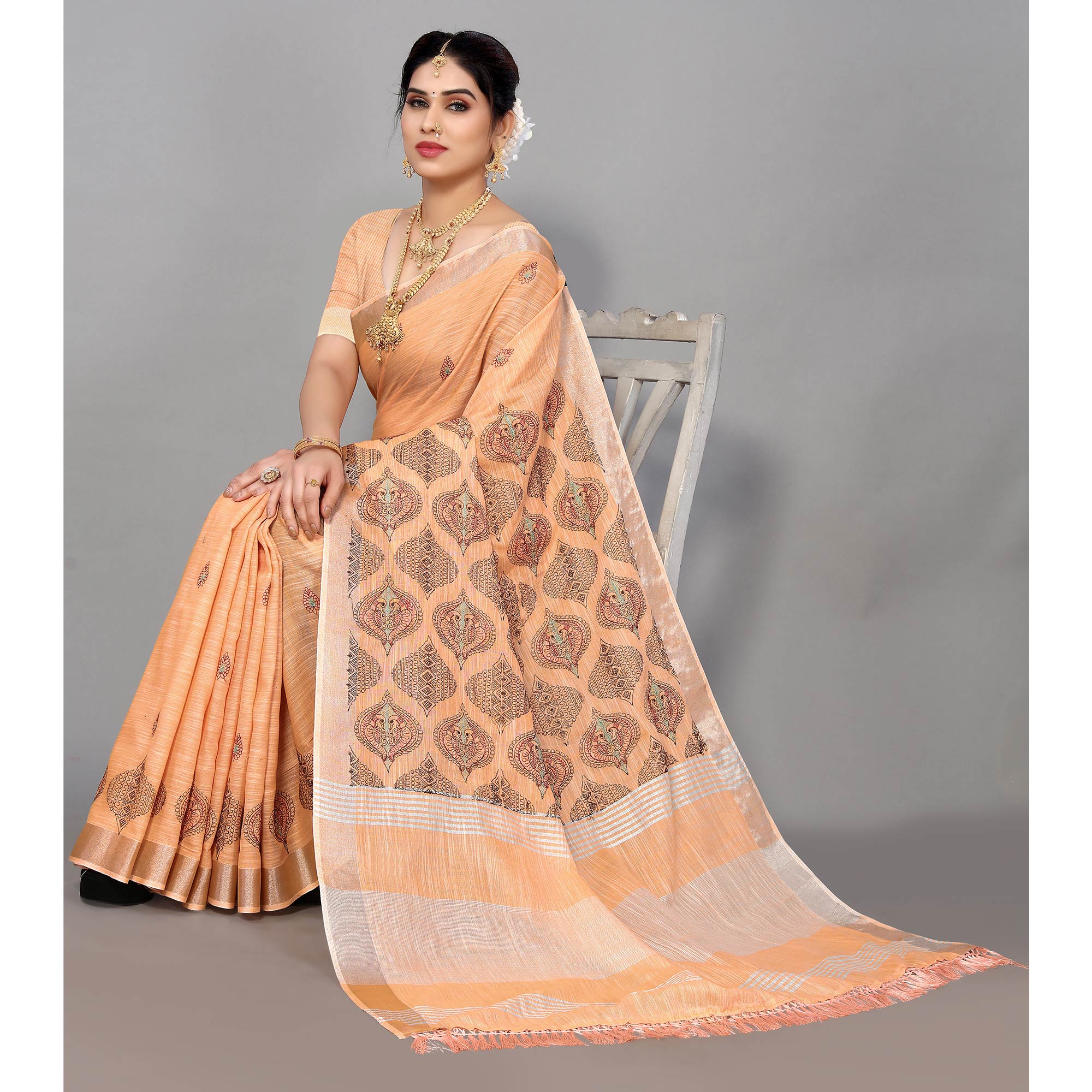 Light Orange Embroidered Cotton Silk Saree With Tassels - Image 6