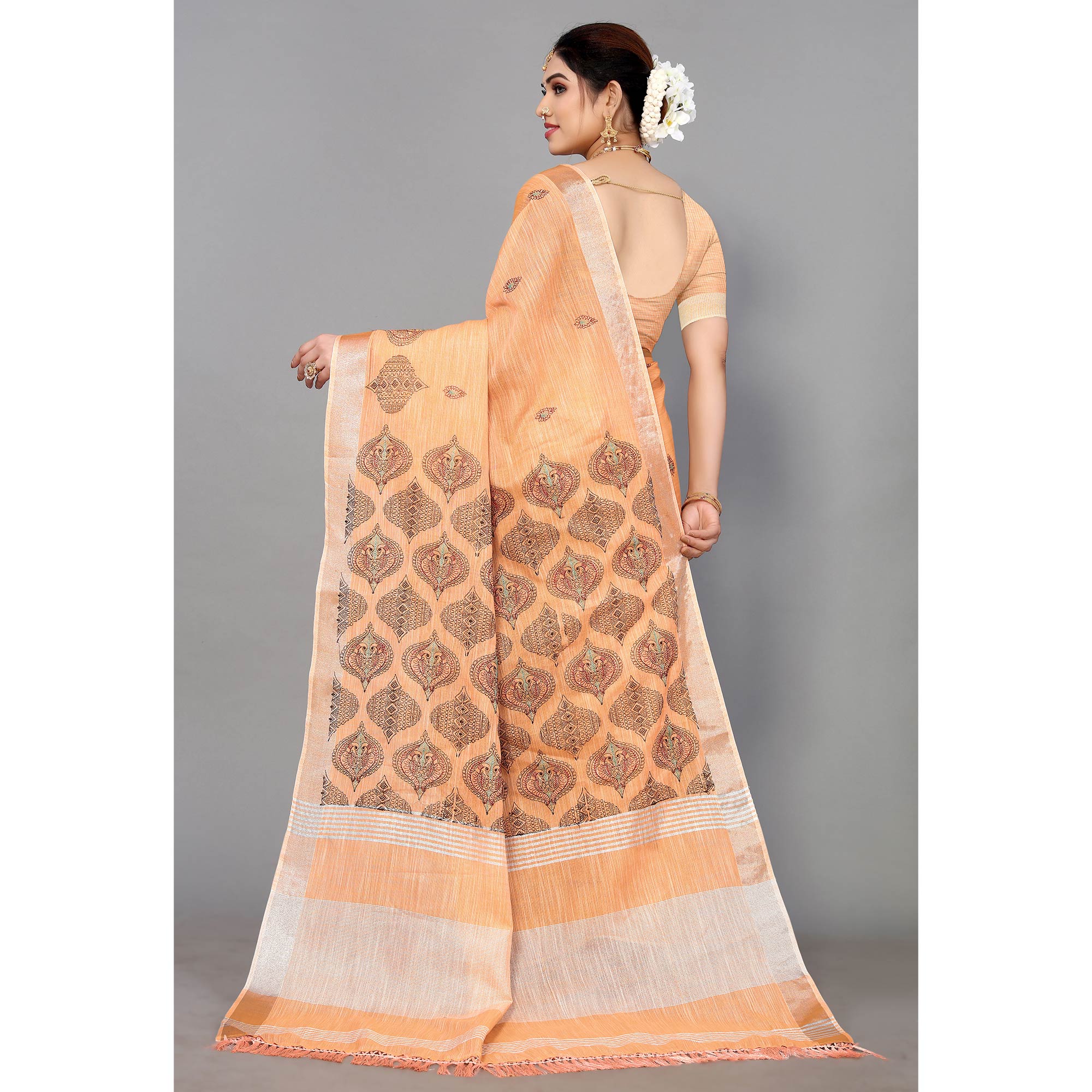Light Orange Embroidered Cotton Silk Saree With Tassels - Image 7