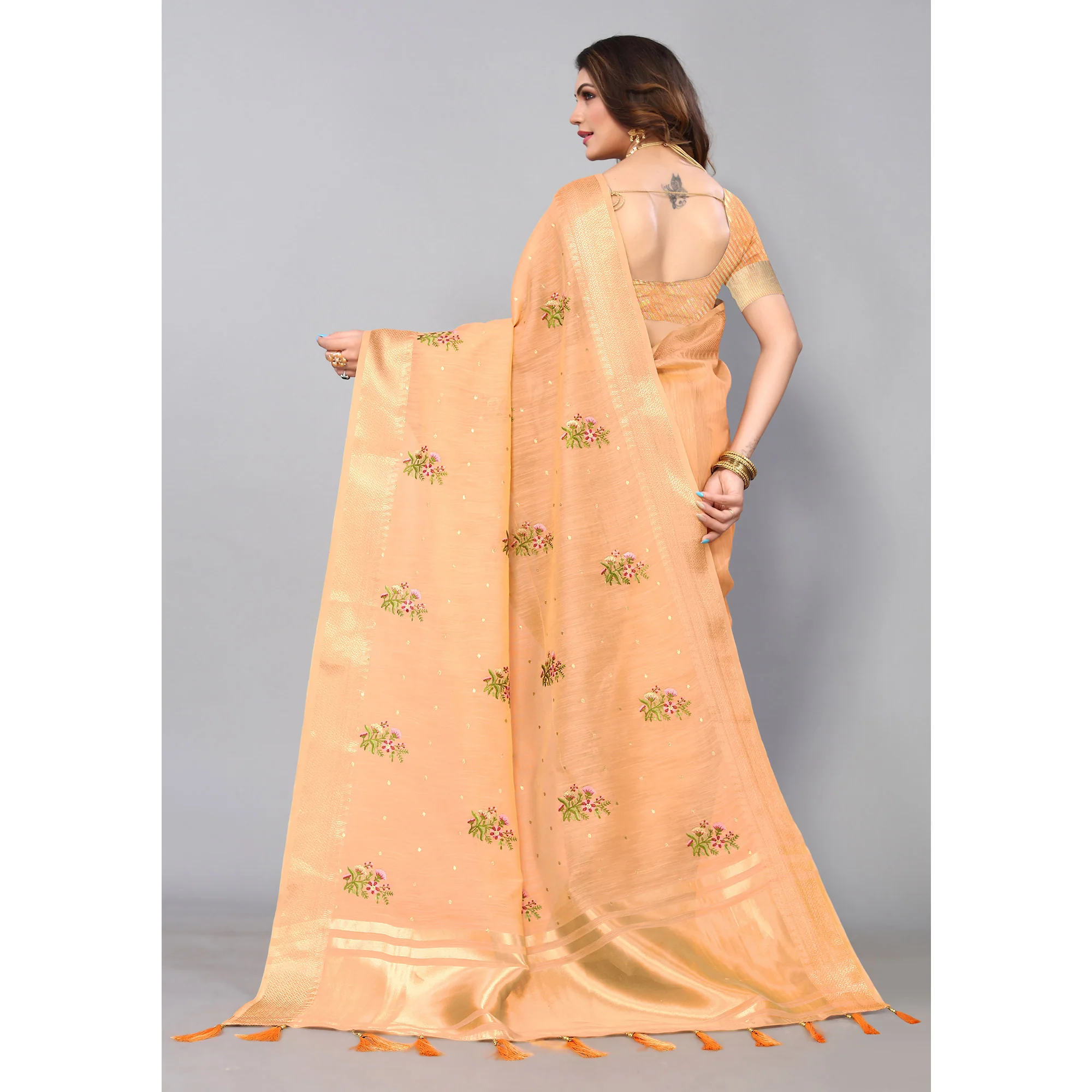 Light Orange Floral Embroidered Cotton Silk Saree With Zari Border - Image 4