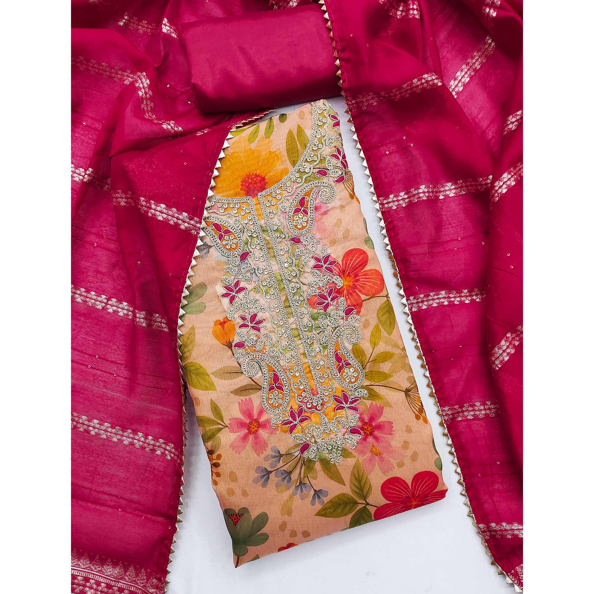 Light Orange Shimmer Silk Dress Material With Floral Digital Print & Sequins Embroidery - Image 3