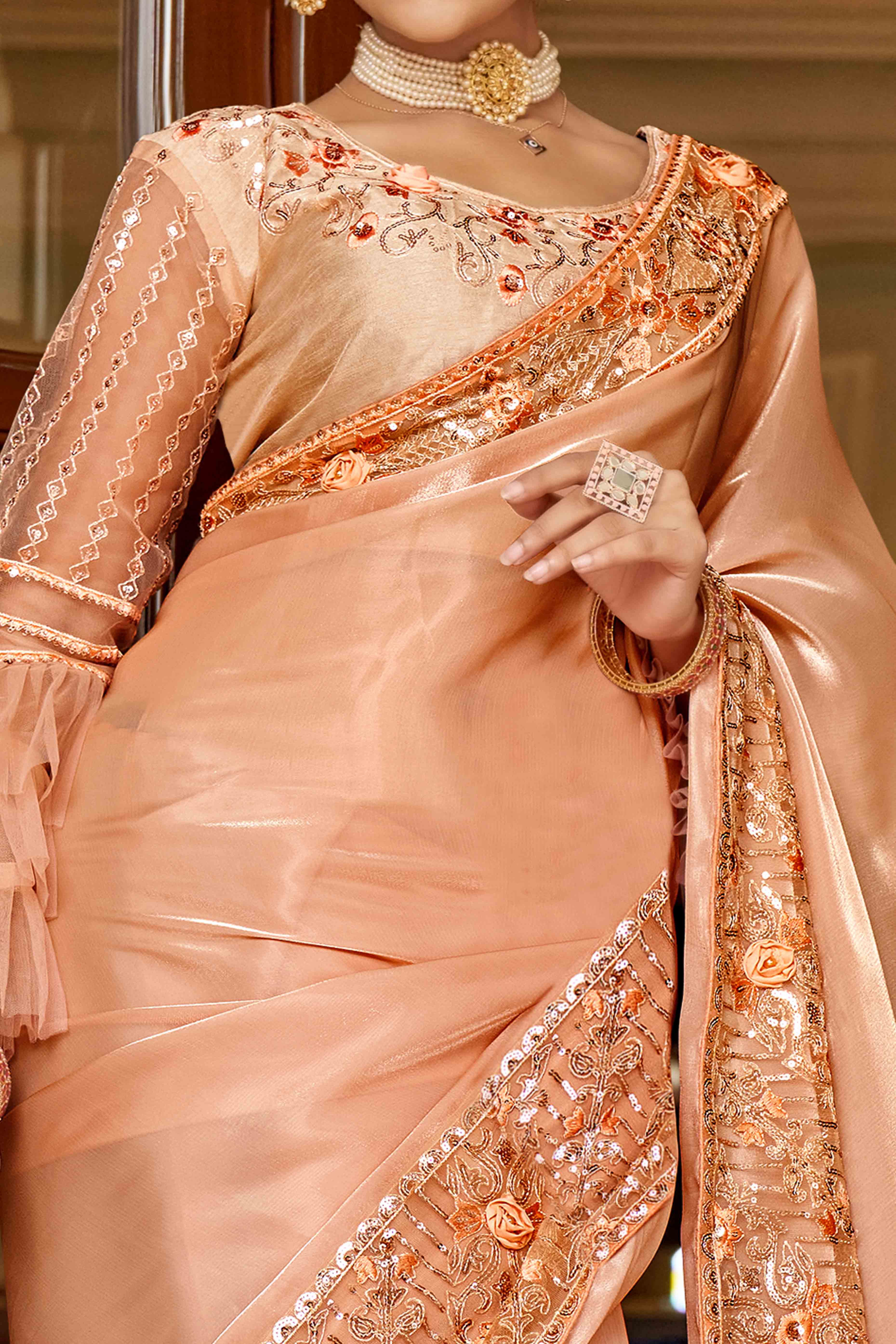Light Orange Swarovski Work Embroidered Jimmi Choo Saree - Image 2