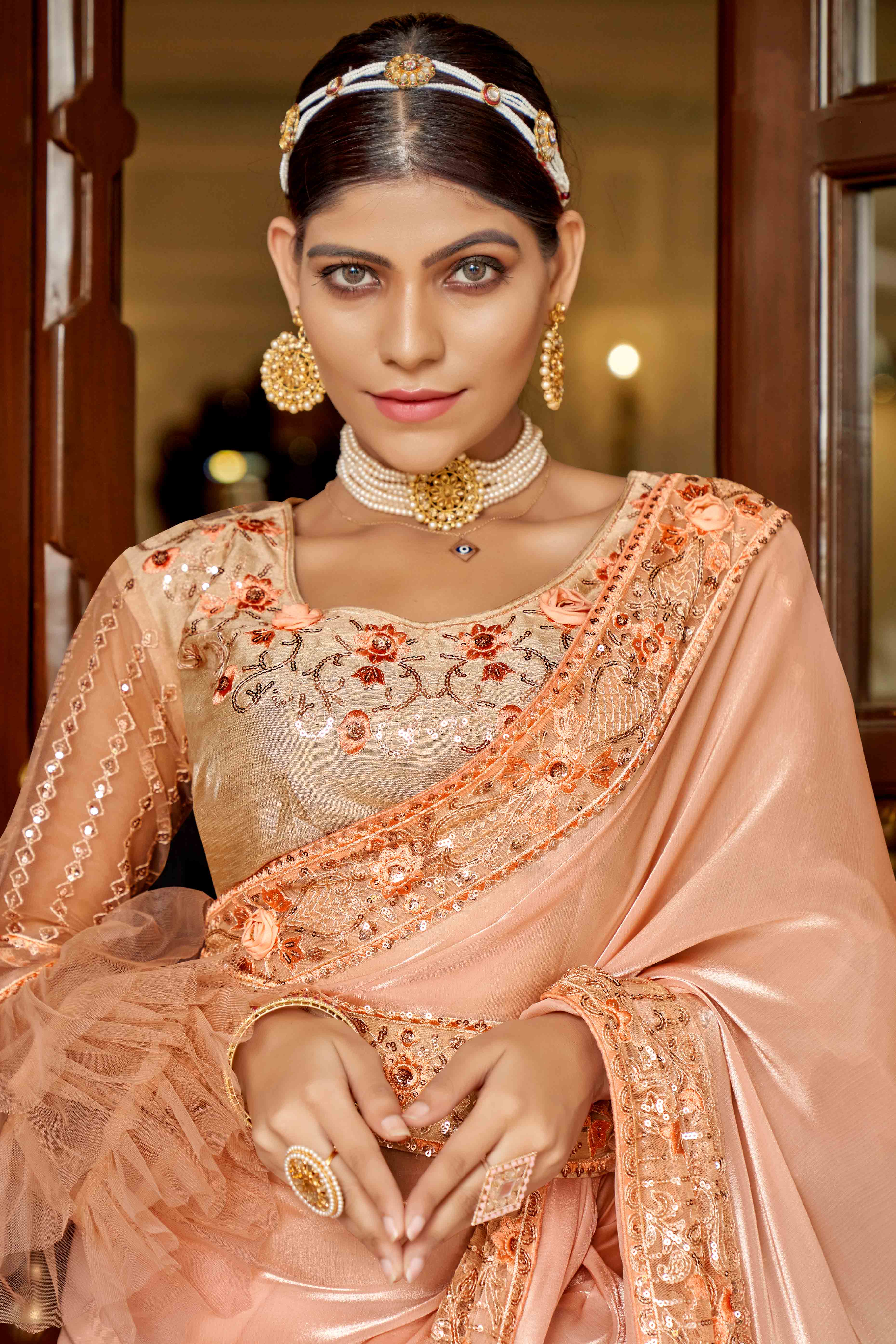Light Orange Swarovski Work Embroidered Jimmi Choo Saree - Image 3