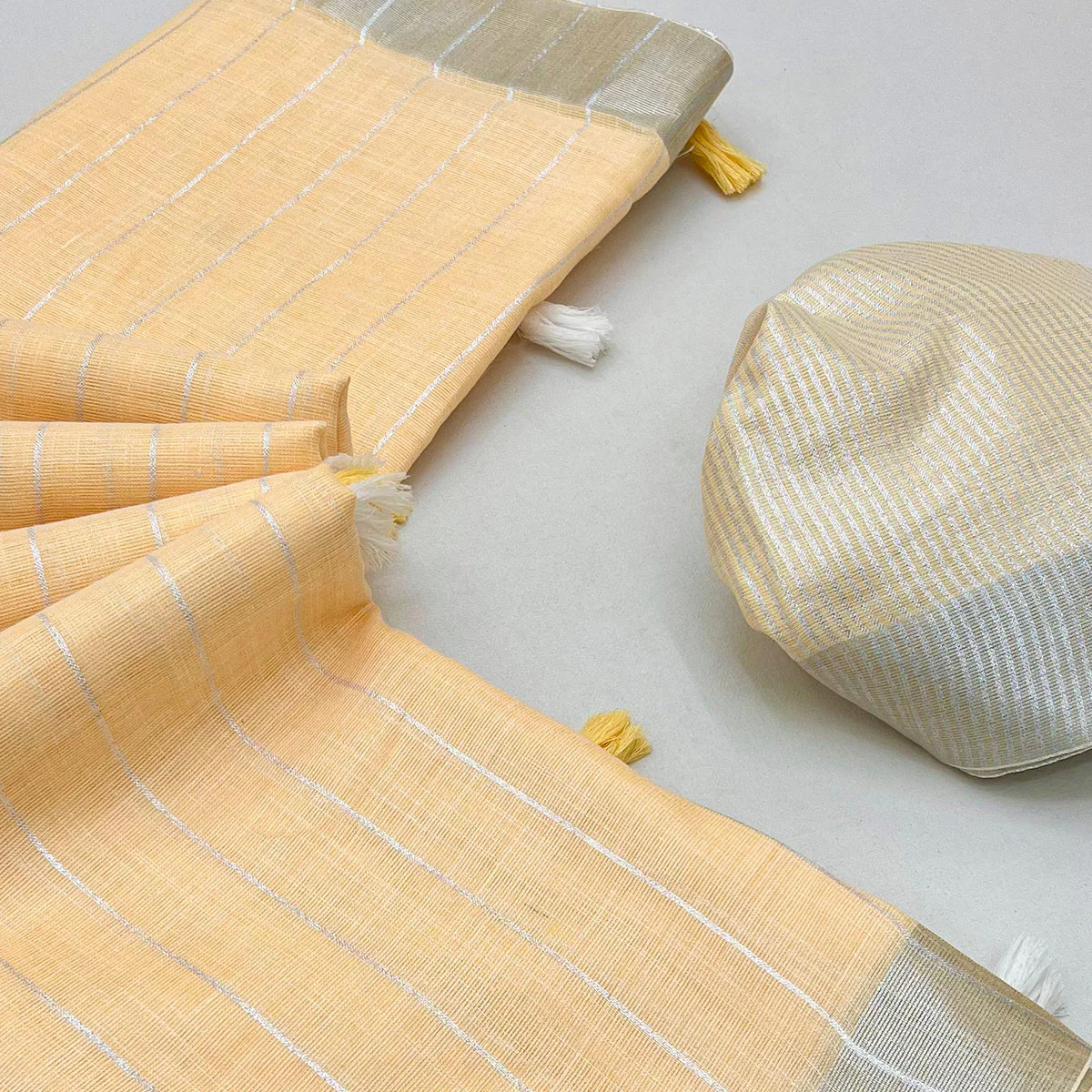 Light Orange Zari Woven Linen Saree With Tassels - Image 2