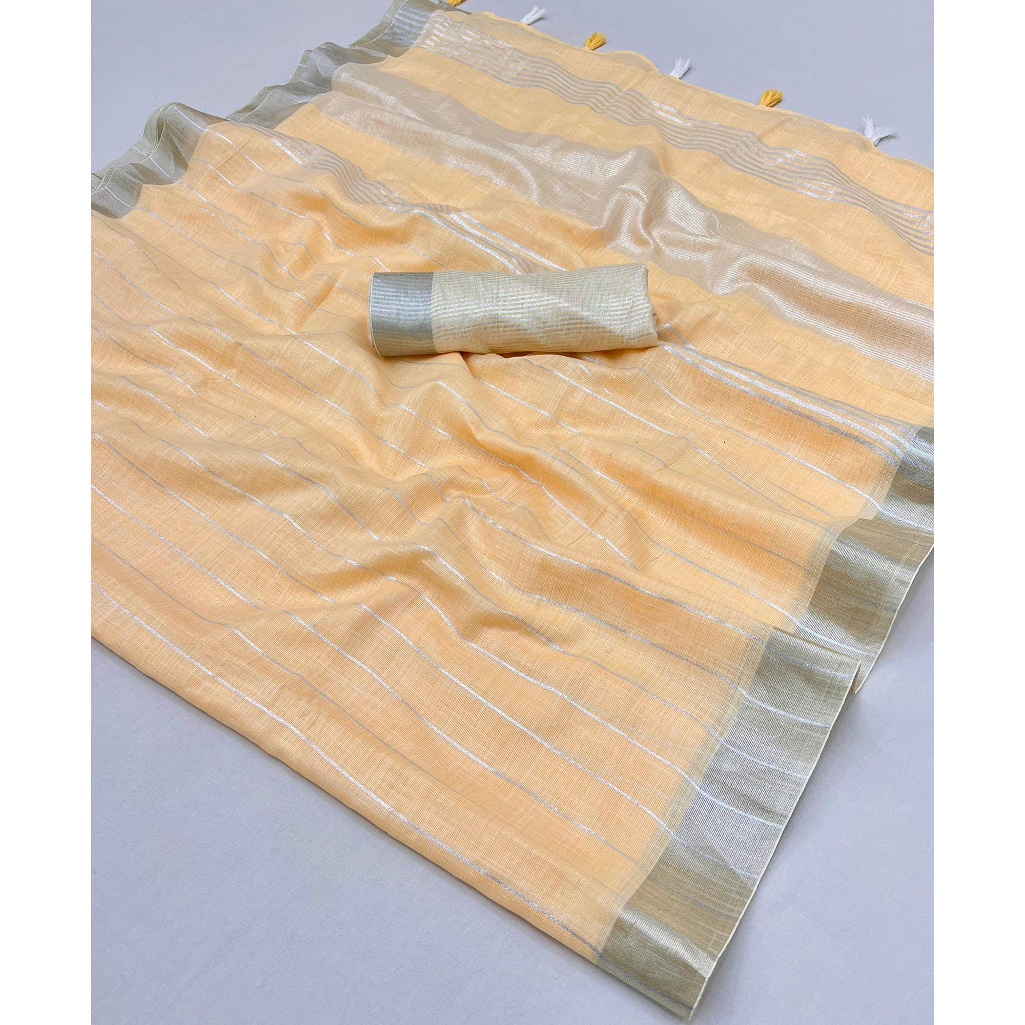 Light Orange Zari Woven Linen Saree With Tassels - Image 3