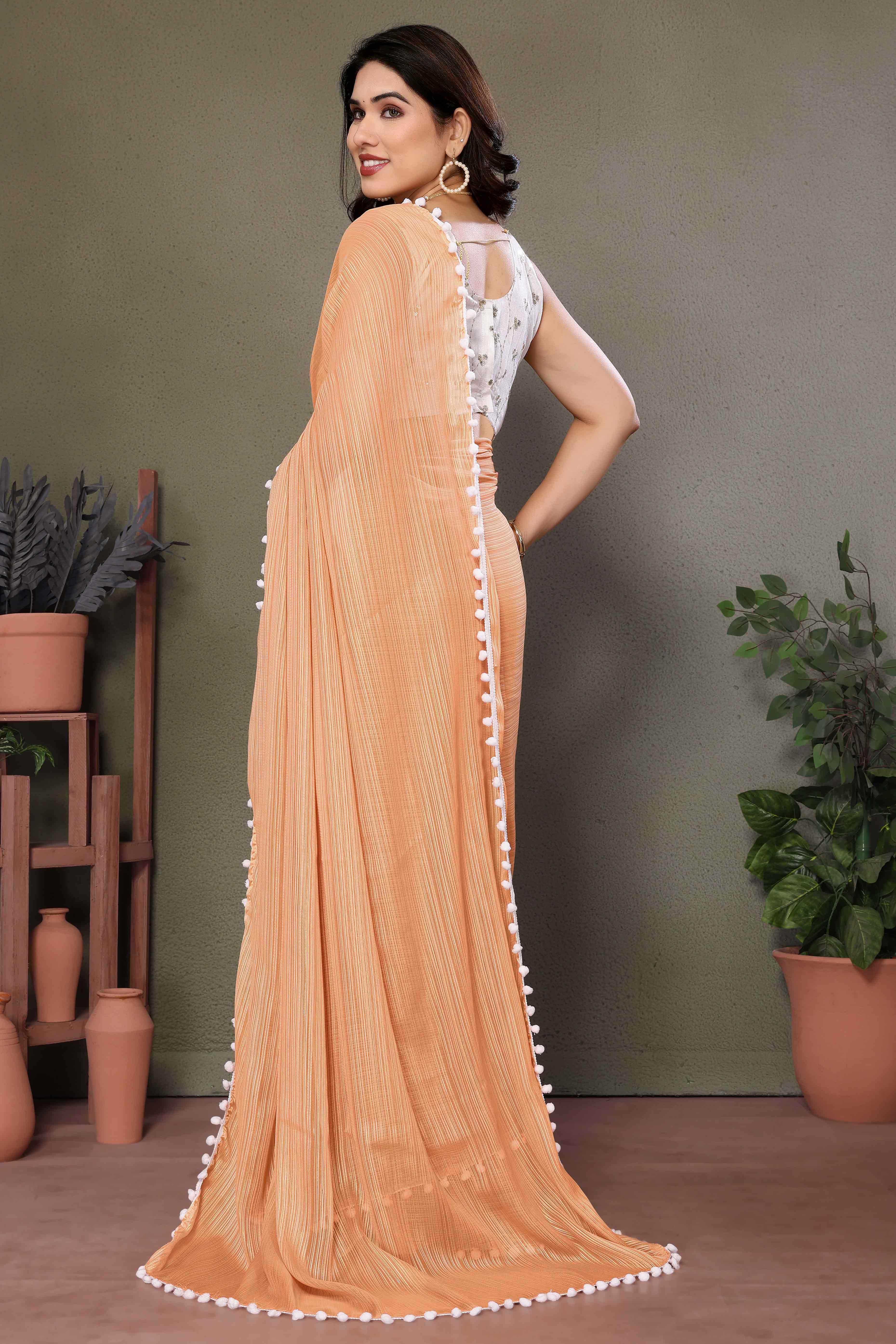 Light Orange Zari Woven Satin Saree With Pompom Border - Image 4