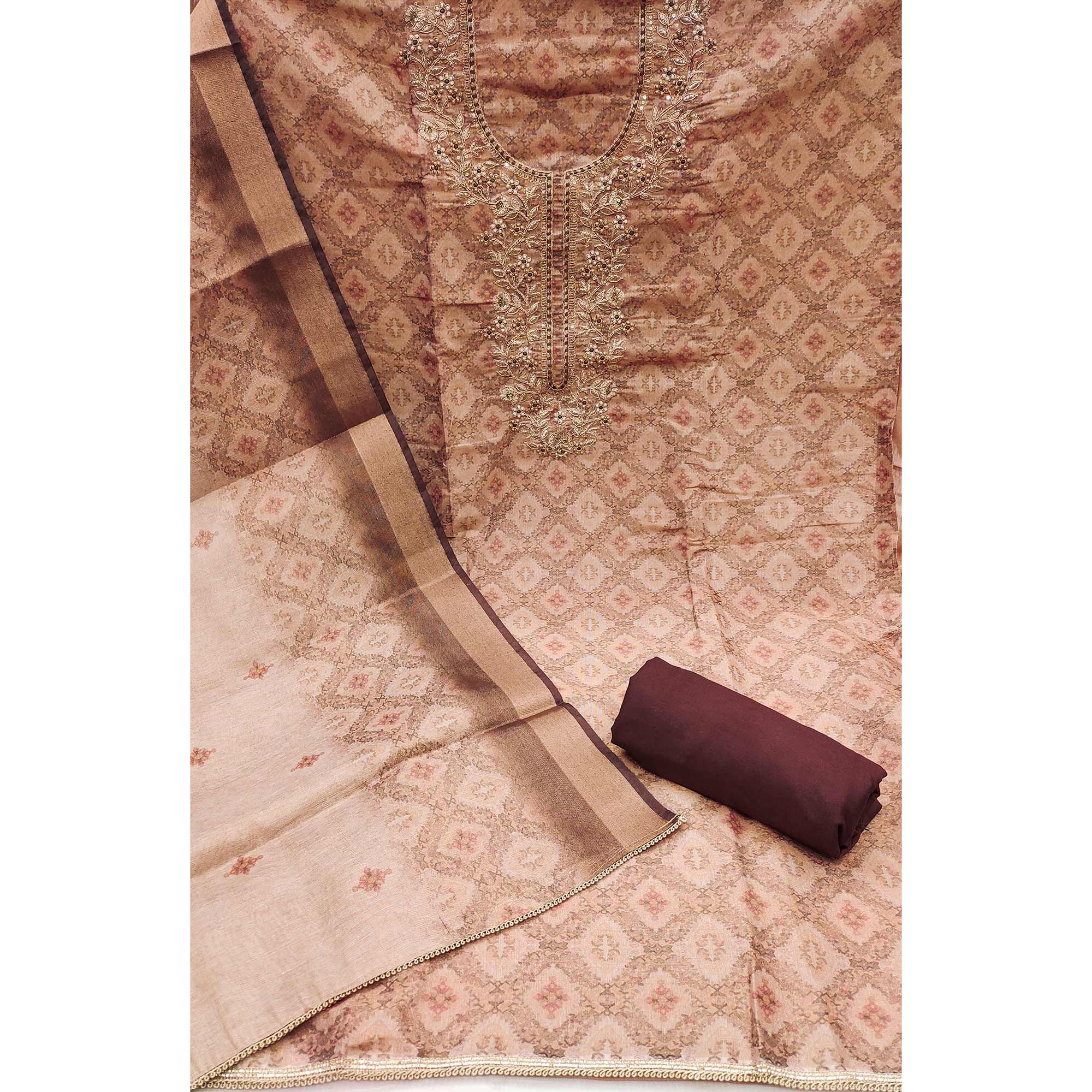 Light Peach Digital Printed With Hand Embroidered Cotton Silk Dress Material - Image 4