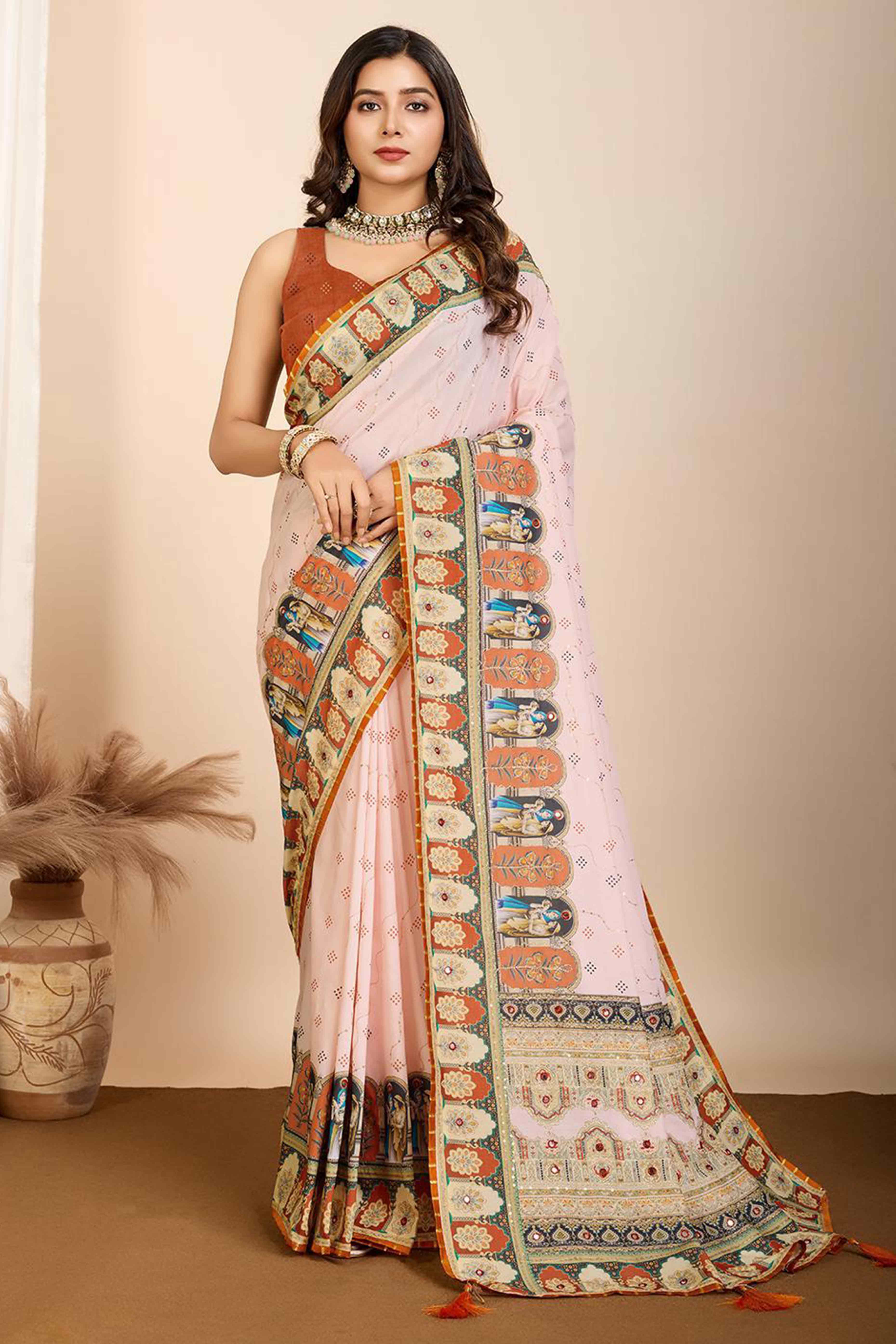 Light Peach Digital Printed With Mirror Embroidery Work Muslin Saree - Image 3