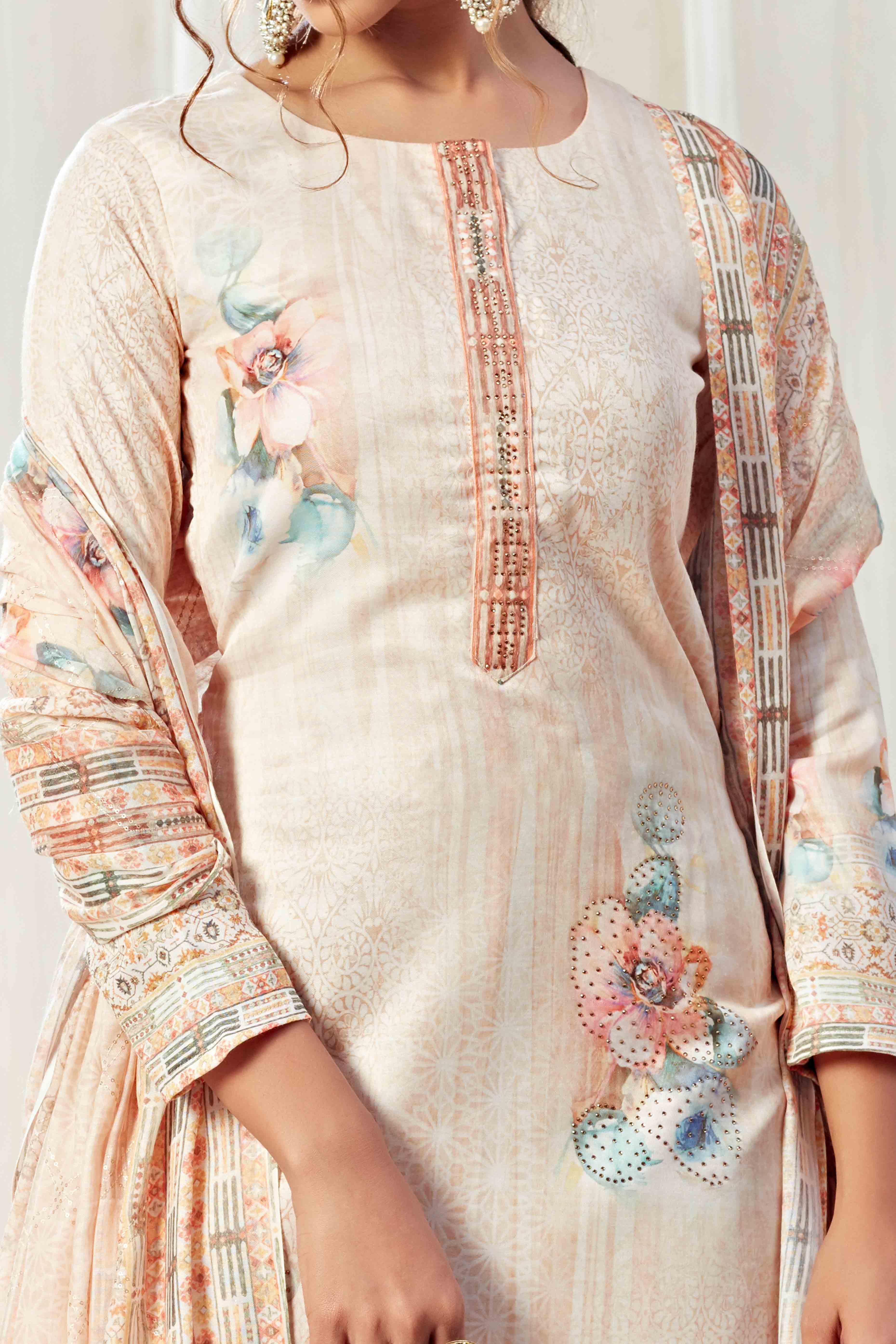 Light Peach Floral Digital Print Pure Cotton Dress Material With Sparkling Swarovski Embellishments - Image 2