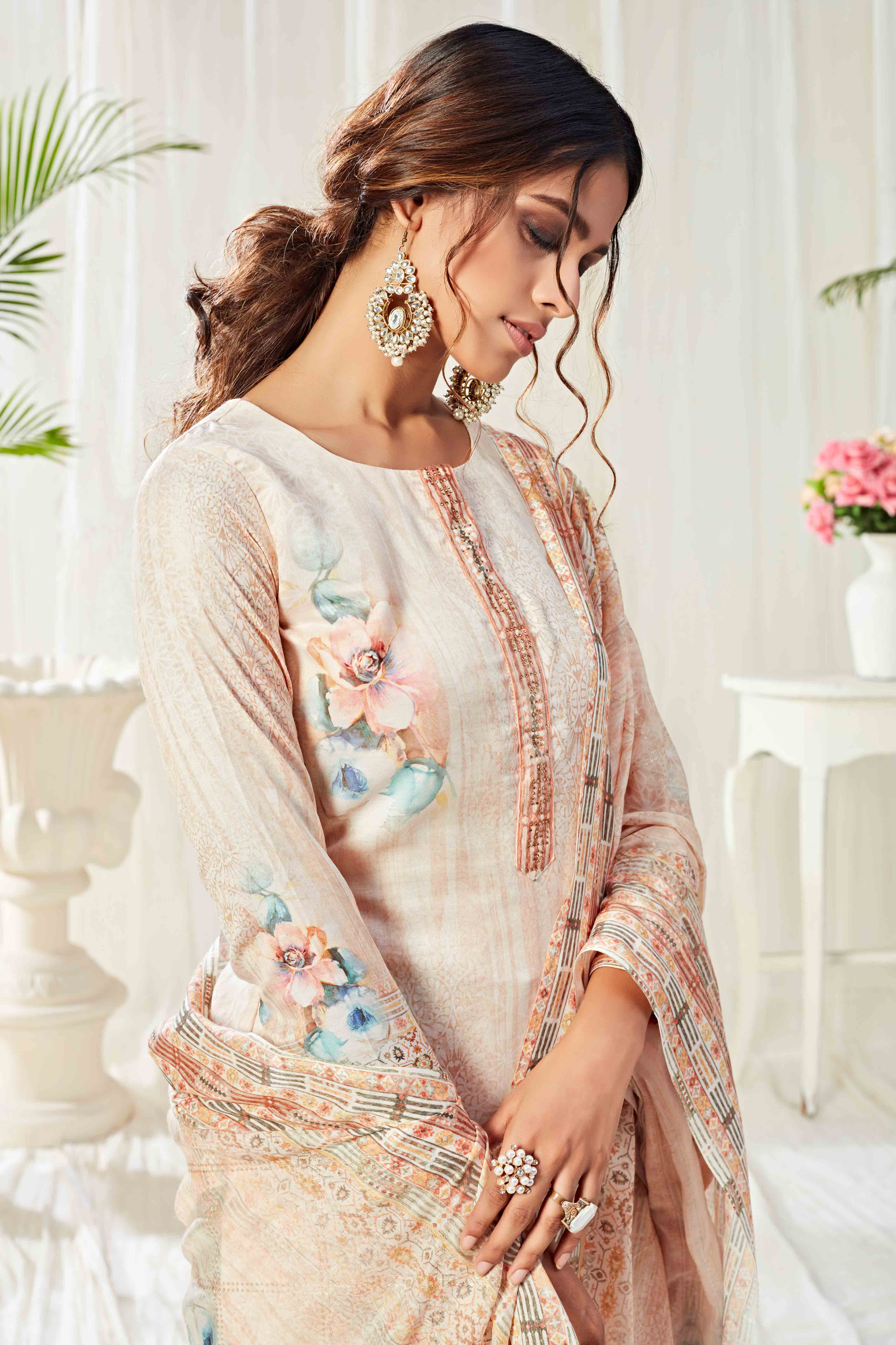 Light Peach Floral Digital Print Pure Cotton Dress Material With Sparkling Swarovski Embellishments - Image 3