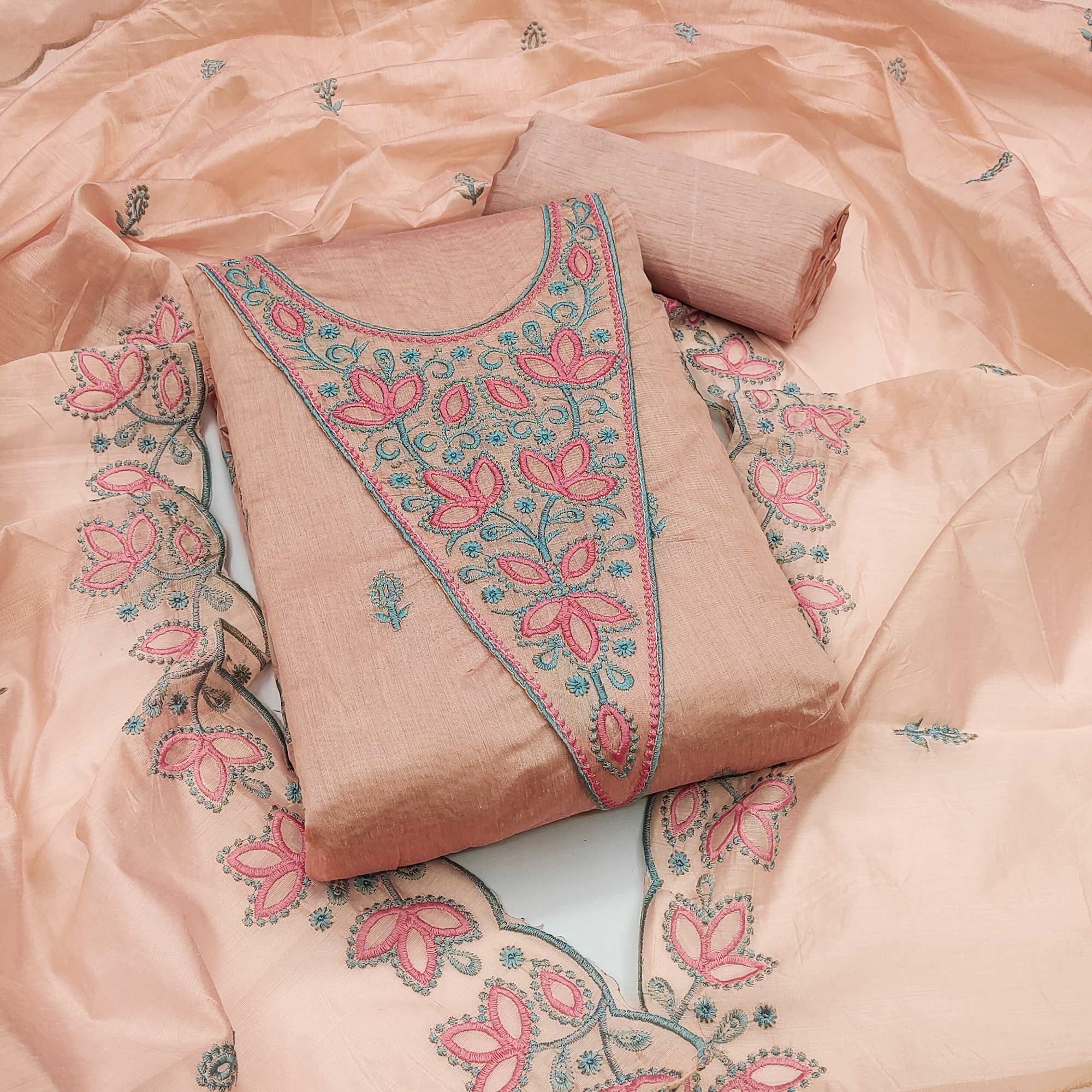Light Peach Floral Embroidered Chanderi Dress Material - Image 3