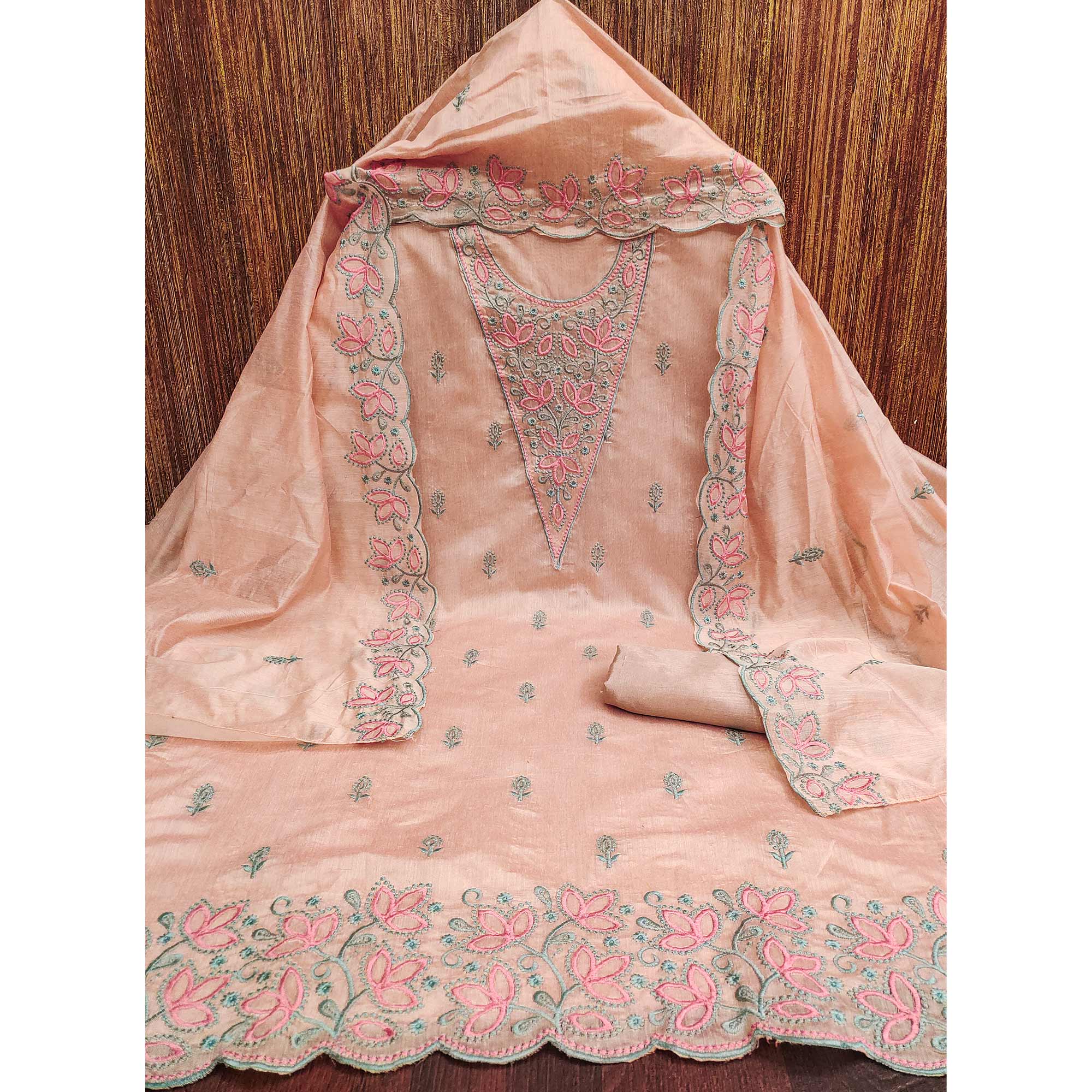 Light Peach Floral Embroidered Chanderi Dress Material - Image 4