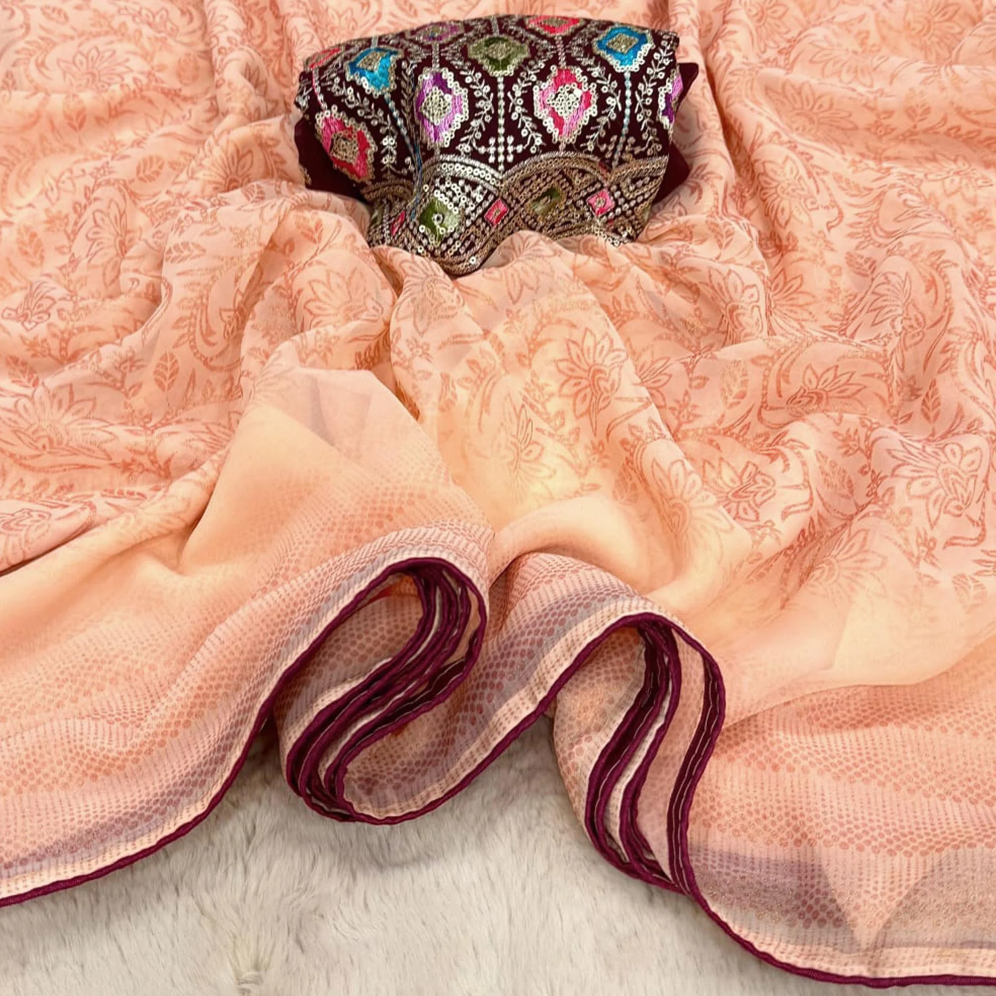 Light Peach Floral Printed Georgette Saree - Image 3