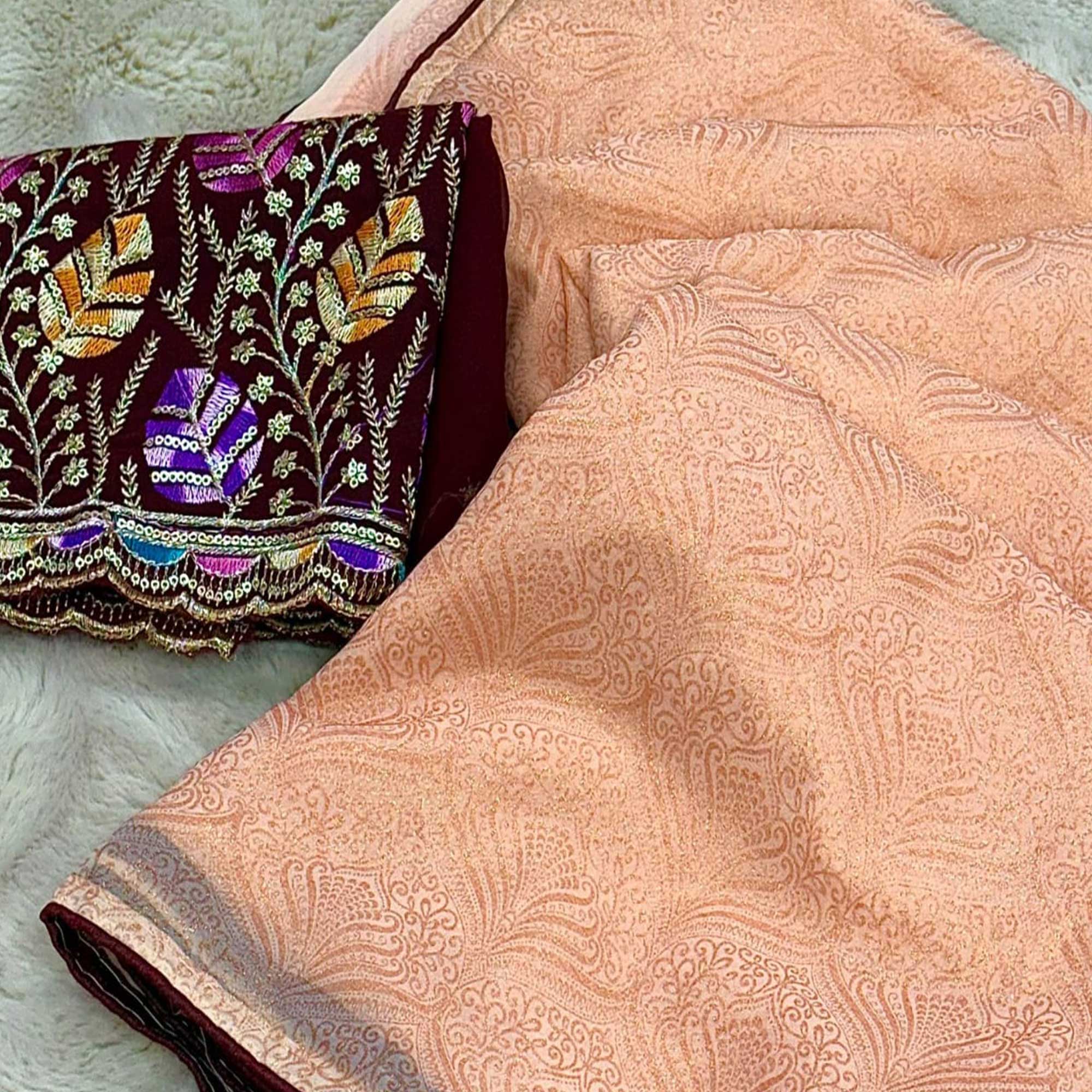 Light Peach Floral Printed Georgette Saree - Image 3
