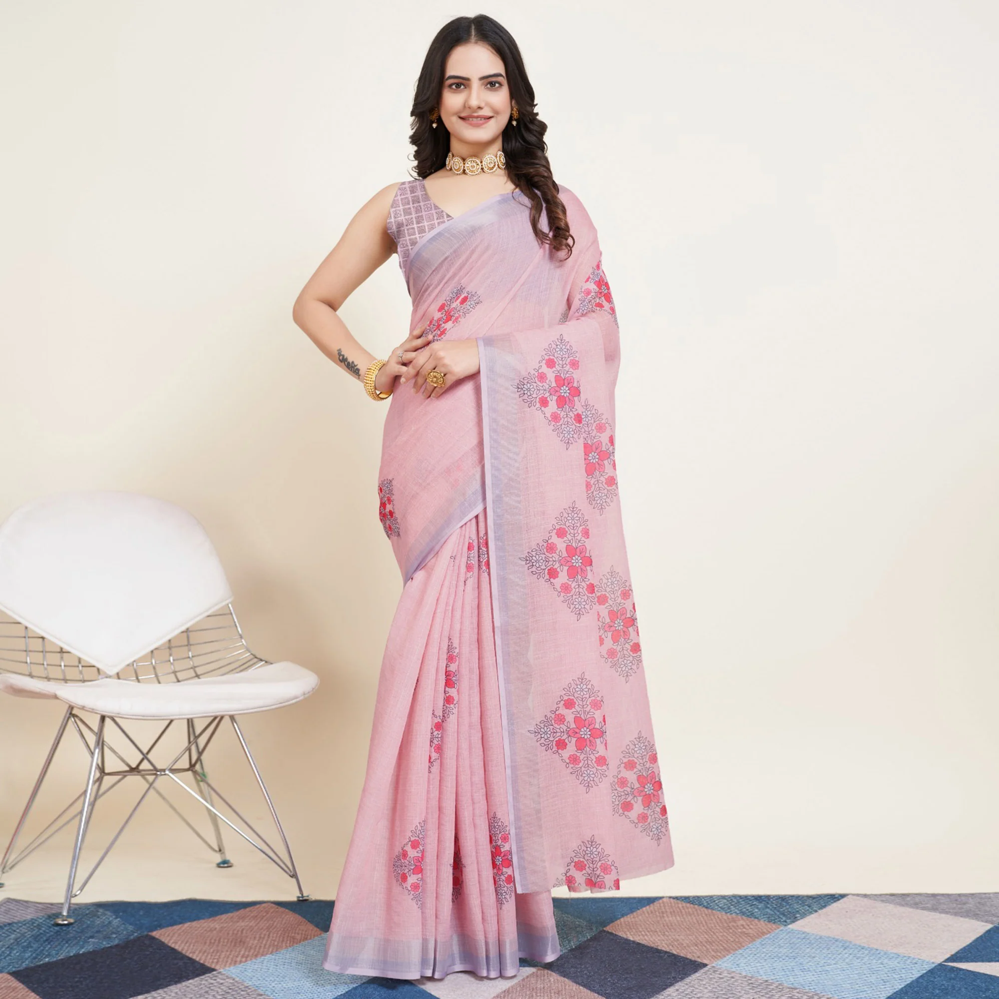 Light Peach Floral Printed Linen Saree - Image 2