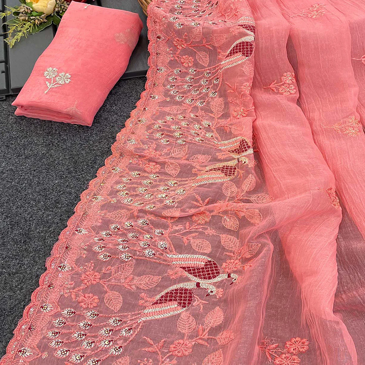 Light Peach Floral Sequins Embroidered Art Silk Crush Saree - Image 2