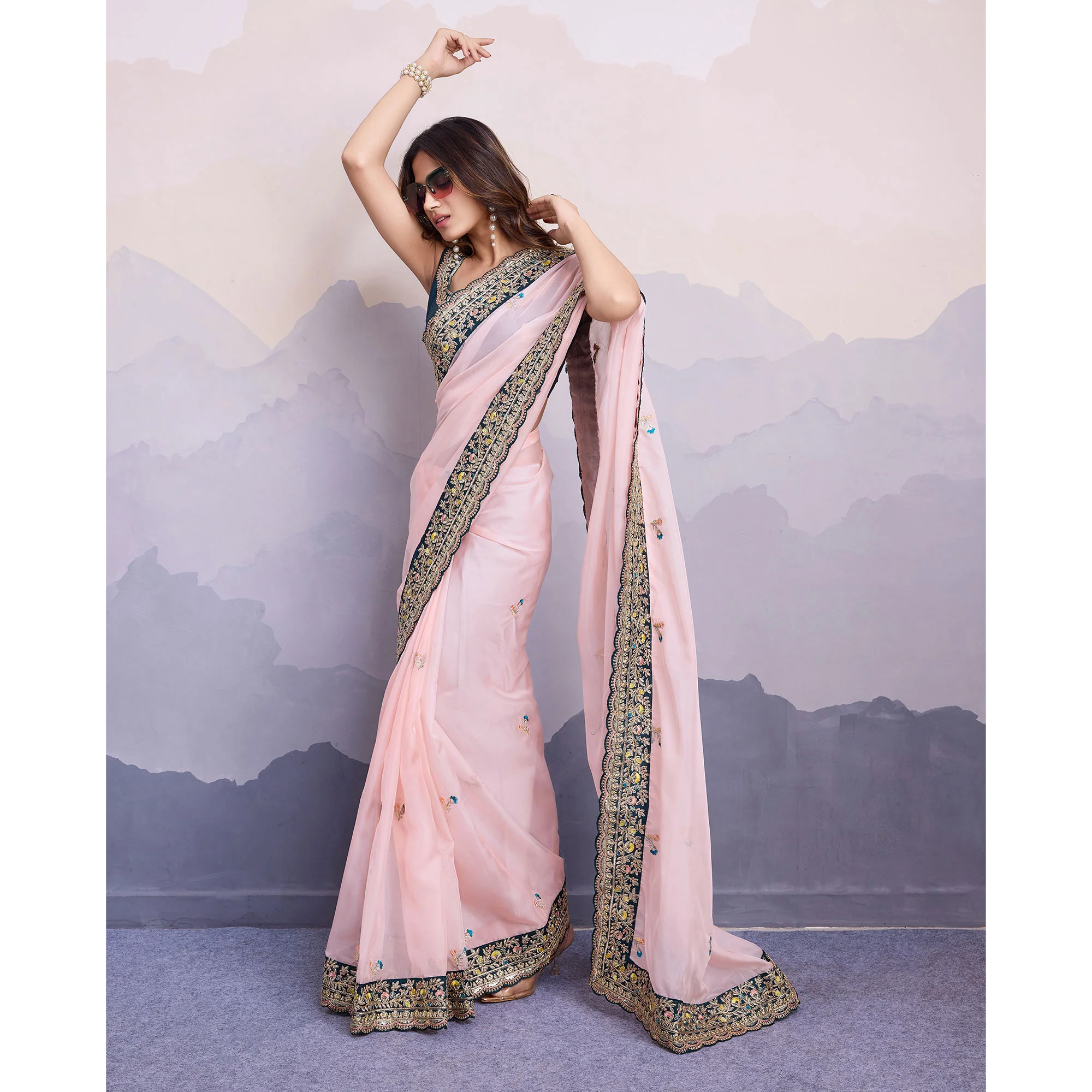 Light Peach Floral Sequins Embroidered Organza Saree With Lace Border - Image 5