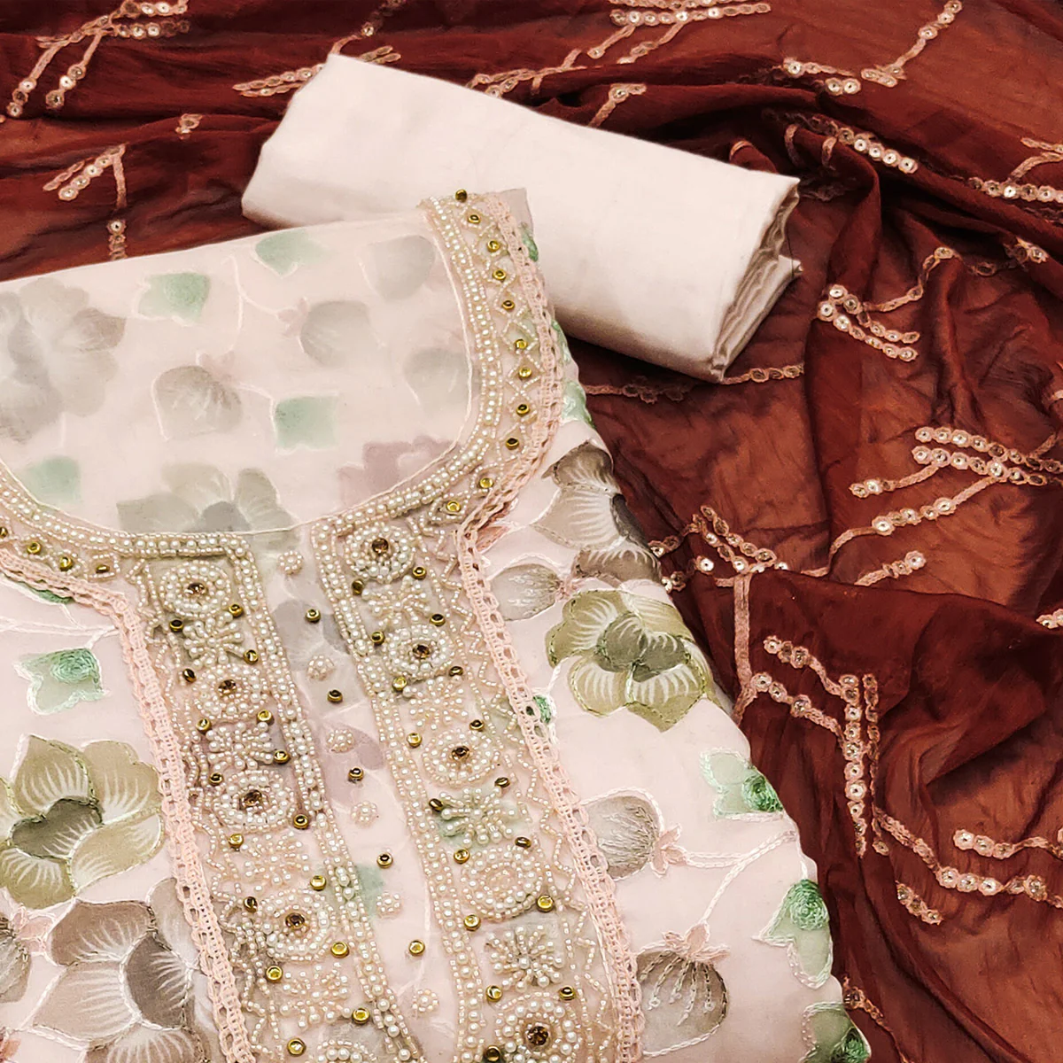 Light Peach Hand Embroidery With Digital Printed Organza Dress Material - Image 2