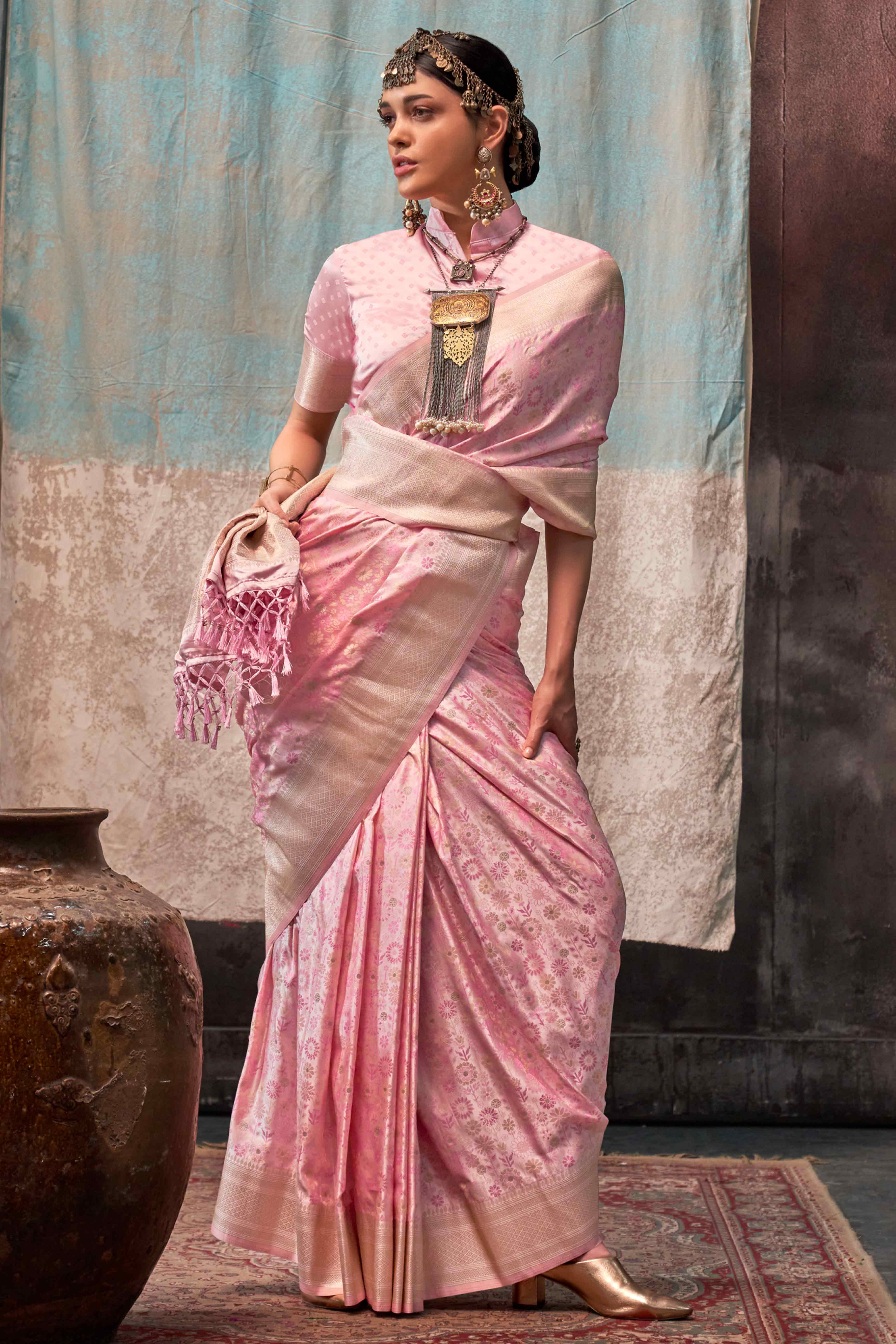 Light Peach Handloom Woven Pure Satin Saree - Image 3