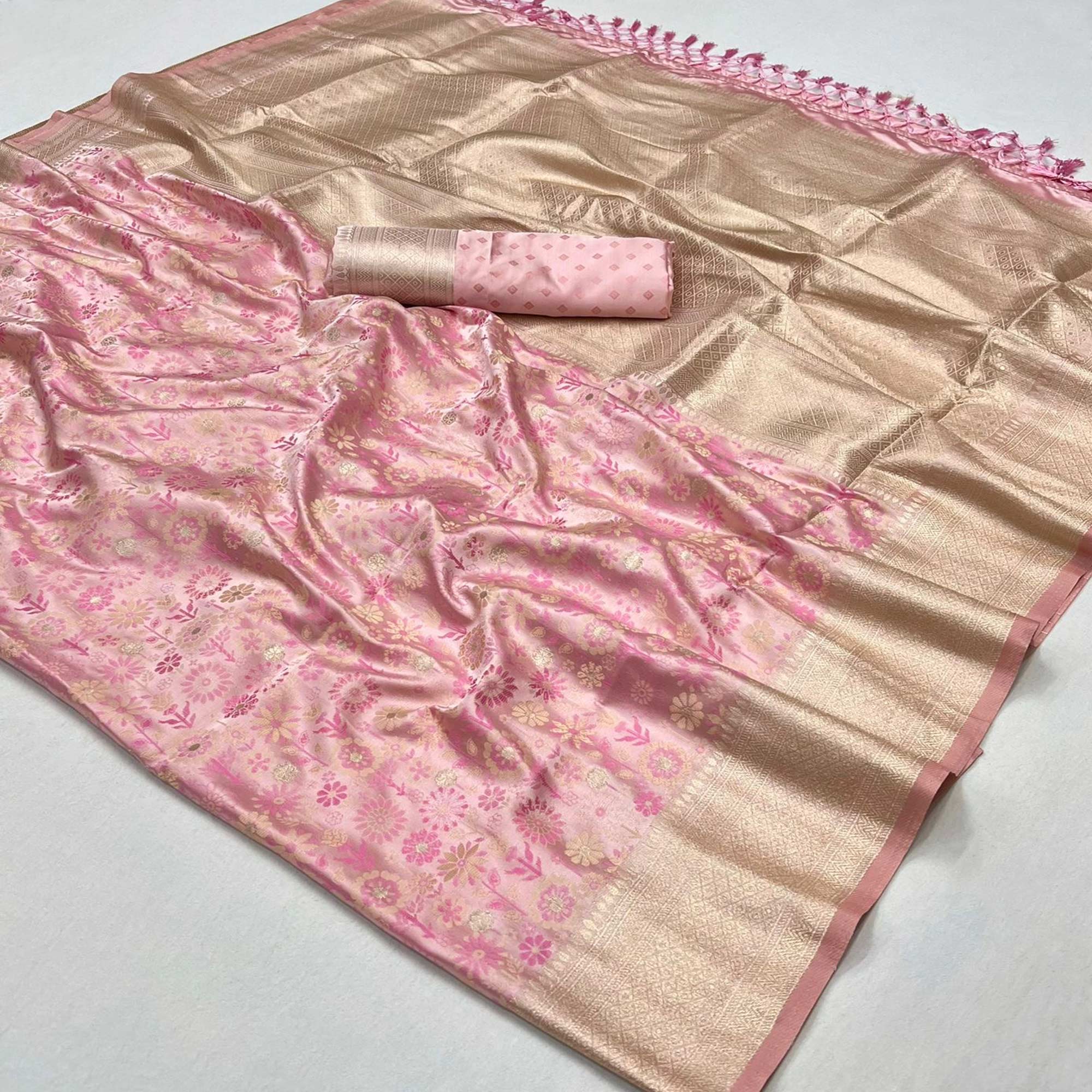 Light Peach Handloom Woven Pure Satin Saree - Image 4