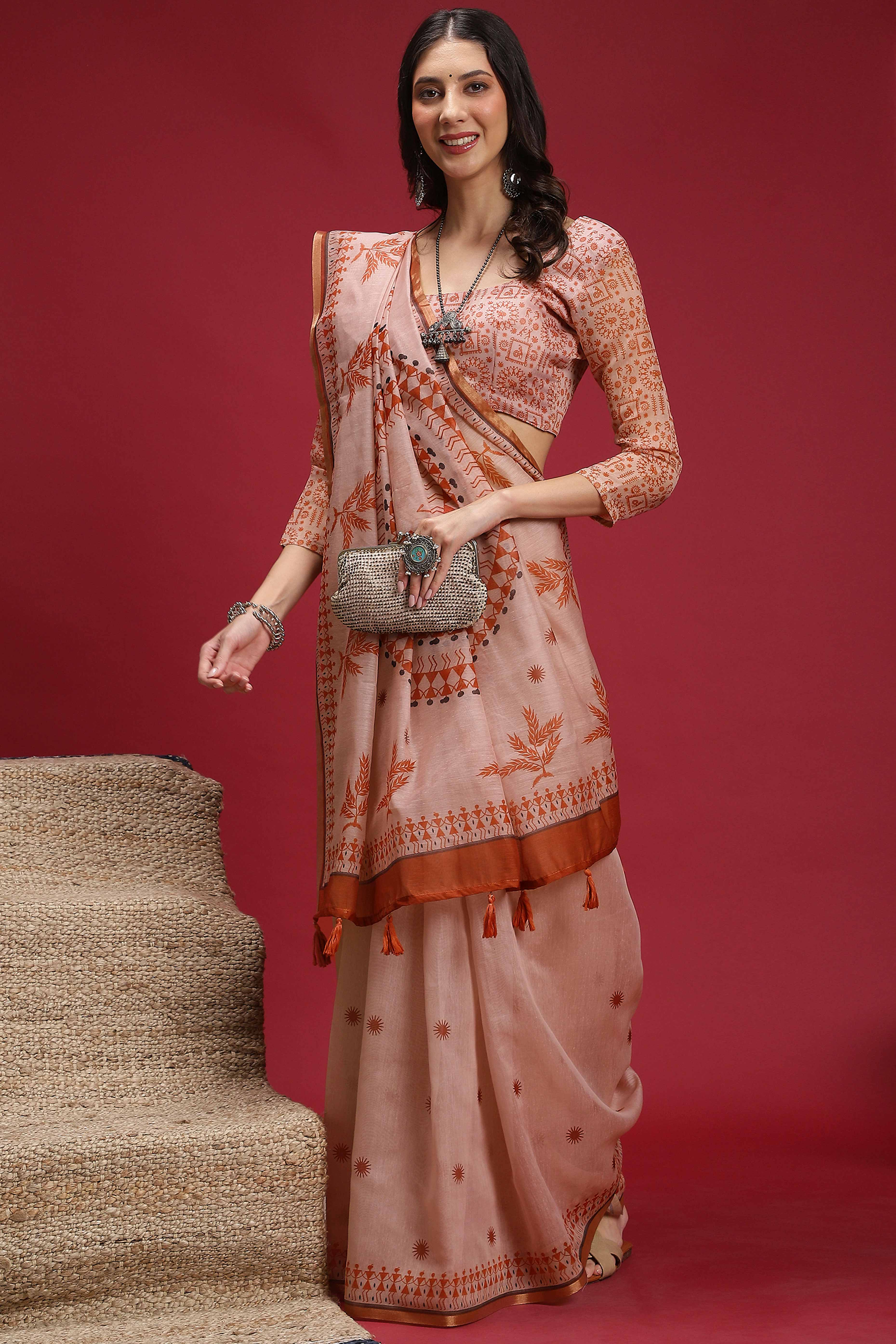 Light Peach Linen Cotton Saree Featuring Traditional Warli Prints & Tassel Pallu - Image 3