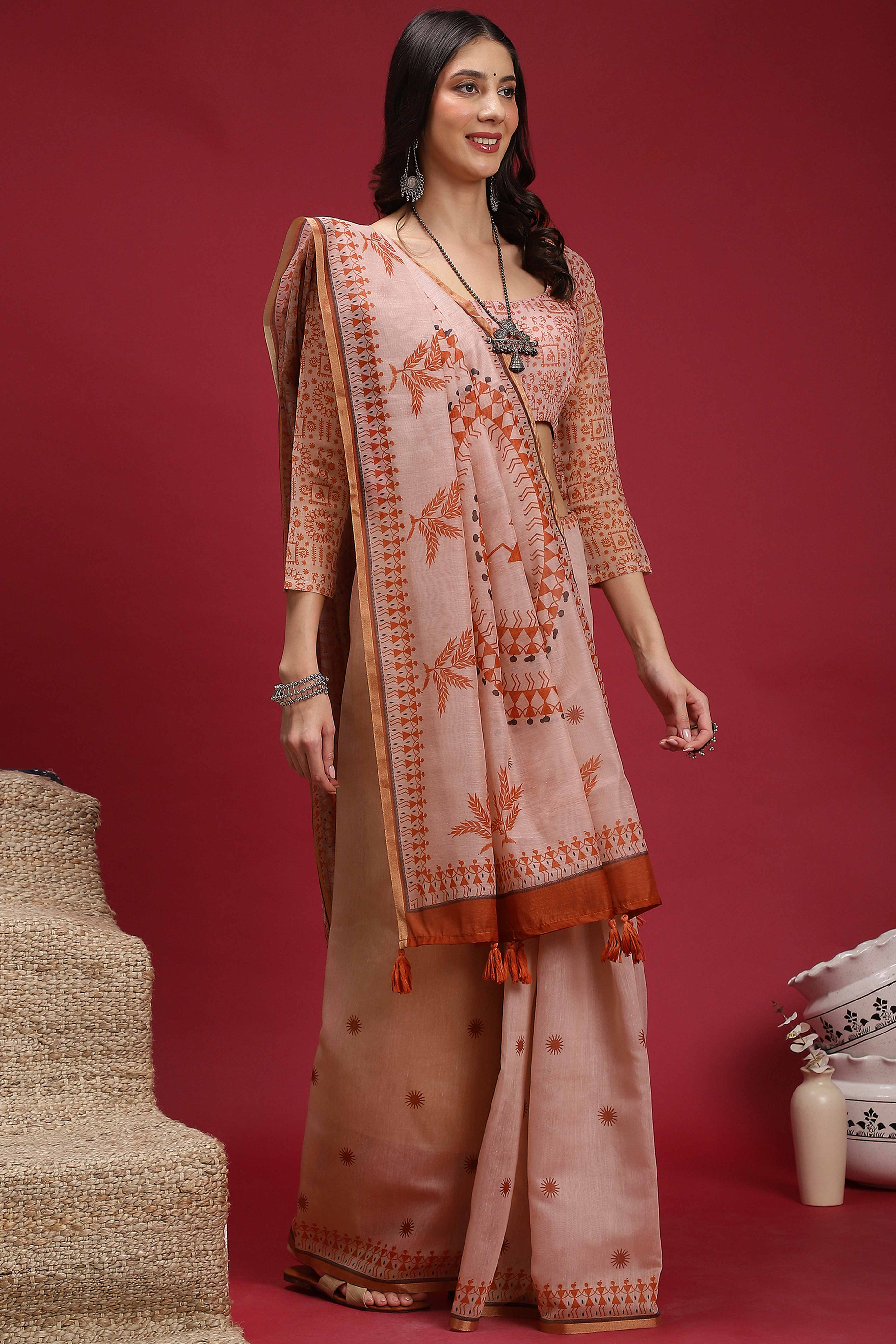 Light Peach Linen Cotton Saree Featuring Traditional Warli Prints & Tassel Pallu - Image 4