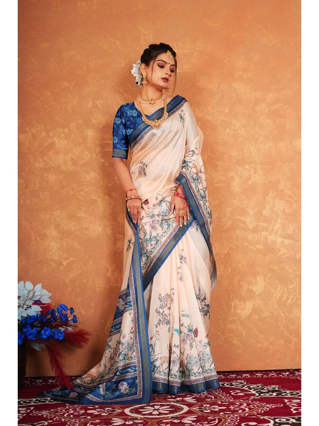 Light Peach Nature Inspired Digital Print Dola Silk Saree with Elegant Floral & Animal Design Work - Image 3