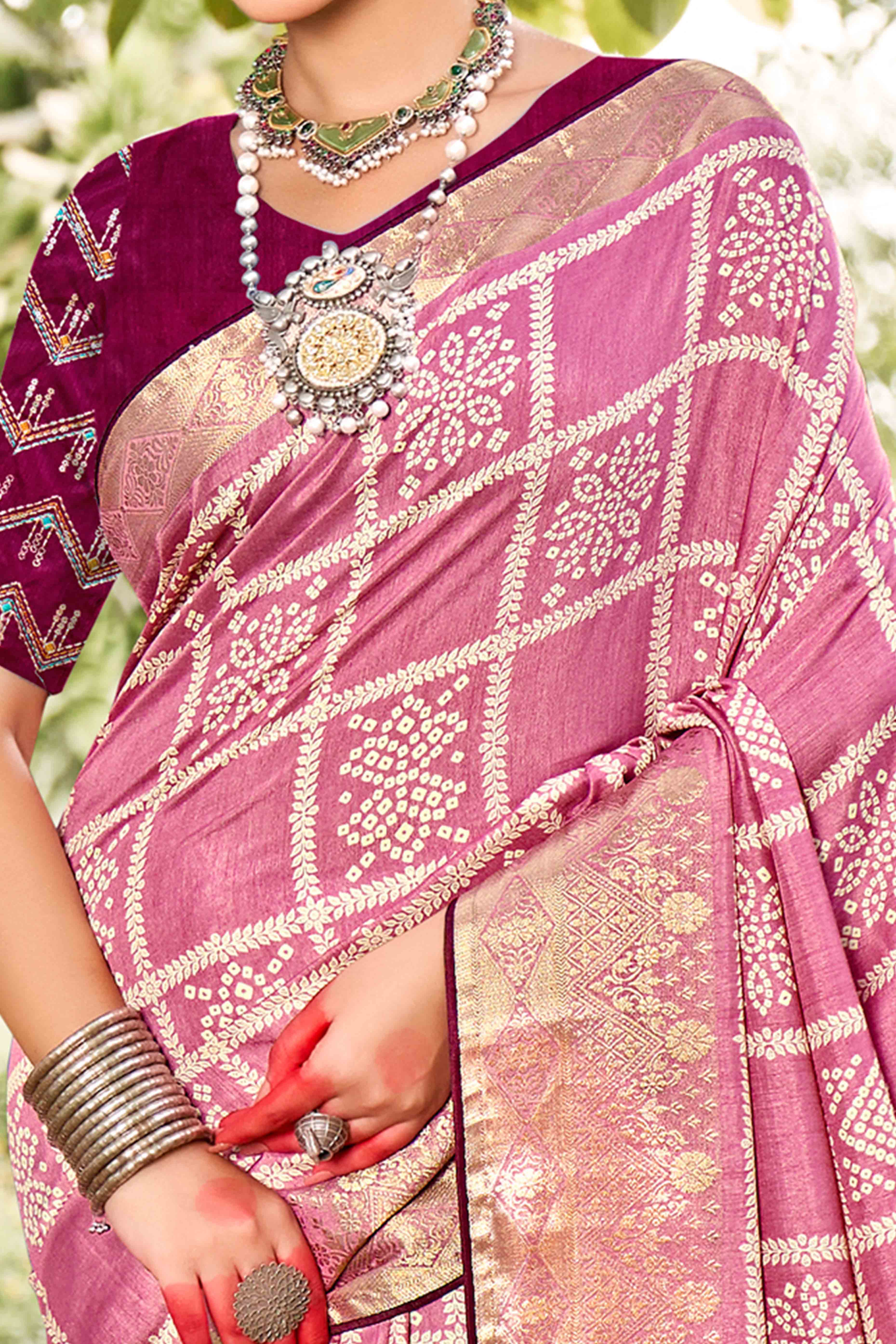 Light Pink Bandhani Printed Dola Silk Saree With Jacquard Border - Image 2