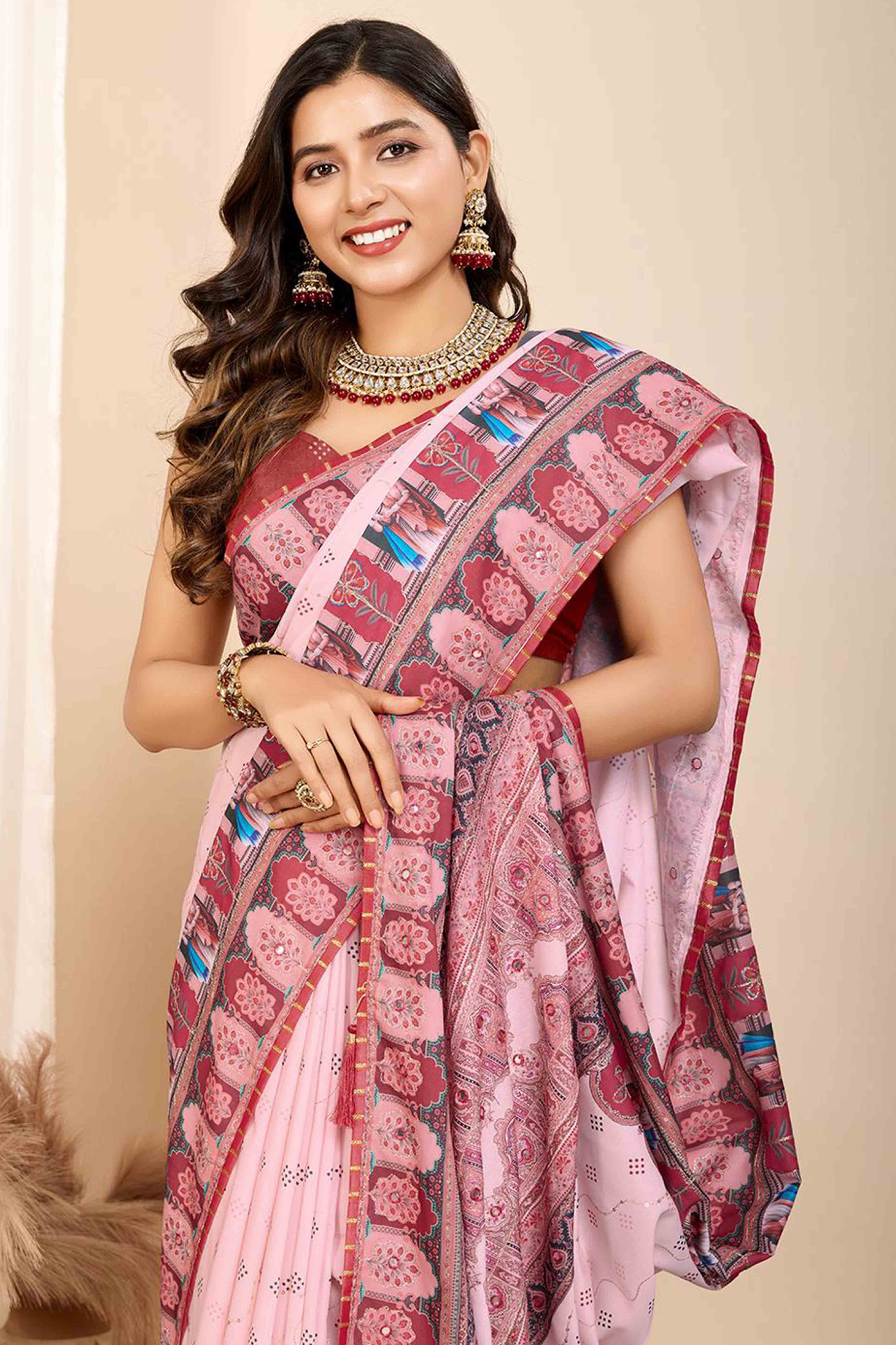 Light Pink Digital Printed With Mirror Embroidery Work Muslin Saree - Image 3