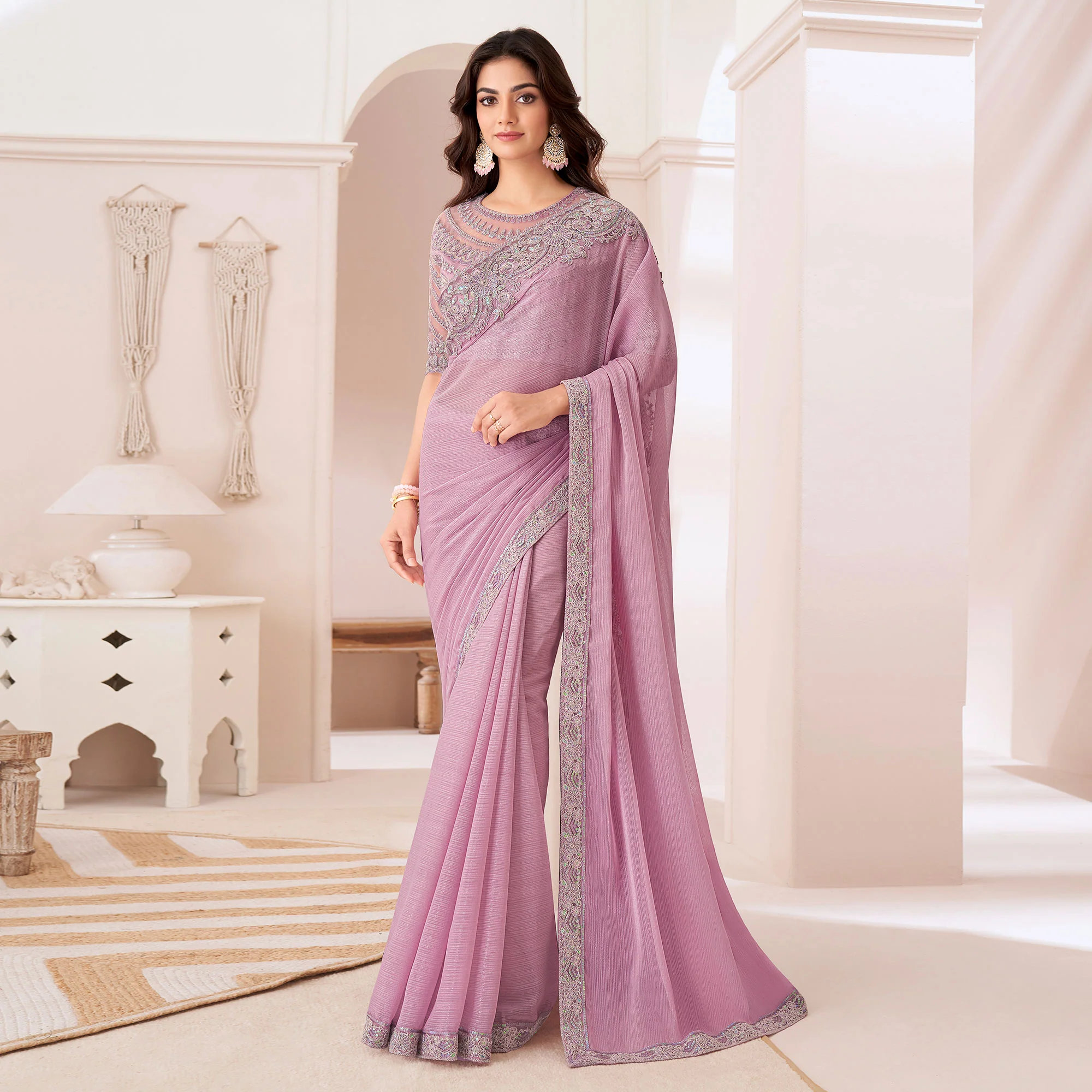 Light Pink Embroidered Chiffon Saree - Image 2