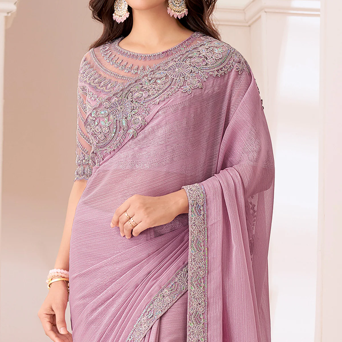 Light Pink Embroidered Chiffon Saree - Image 3