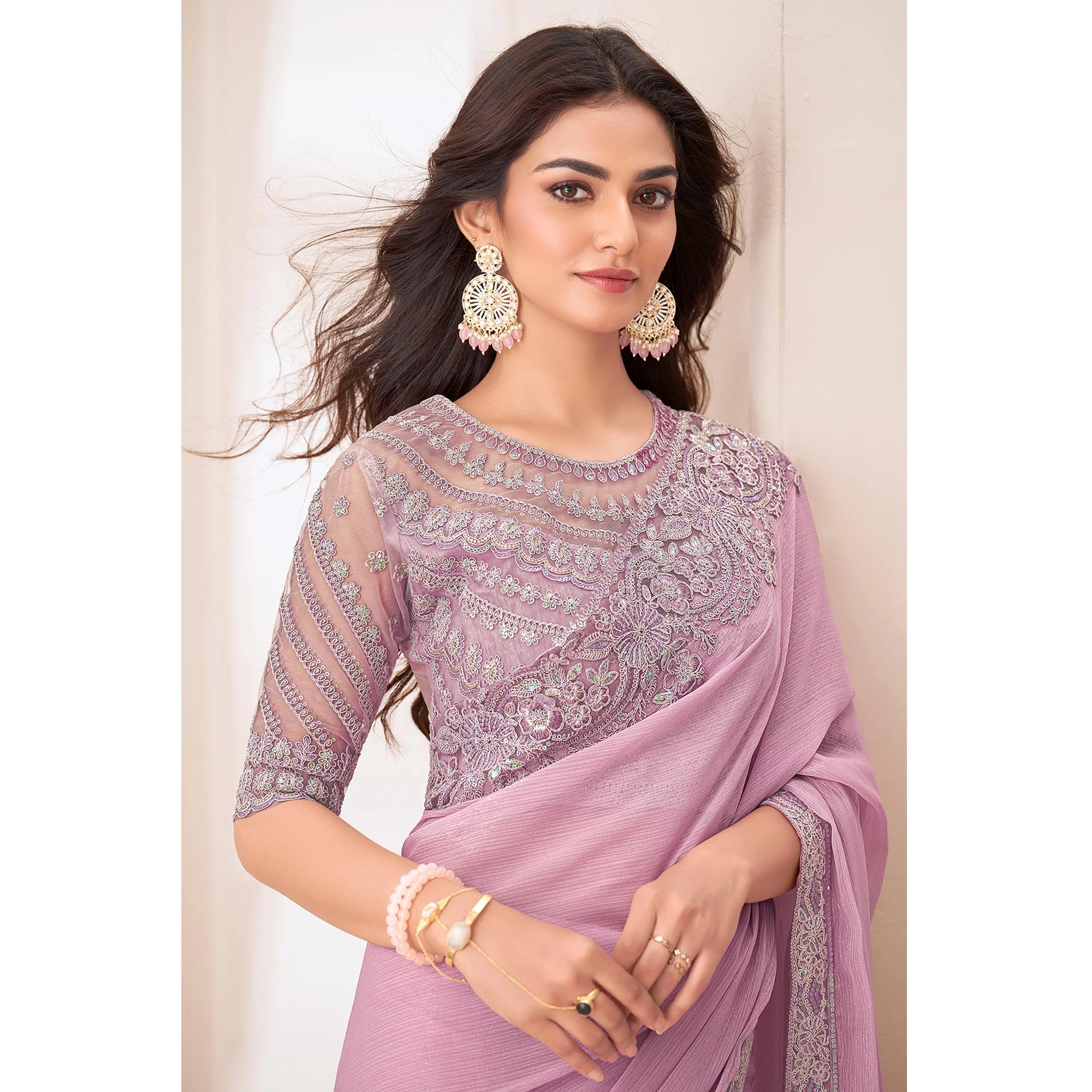Light Pink Embroidered Chiffon Saree - Image 4
