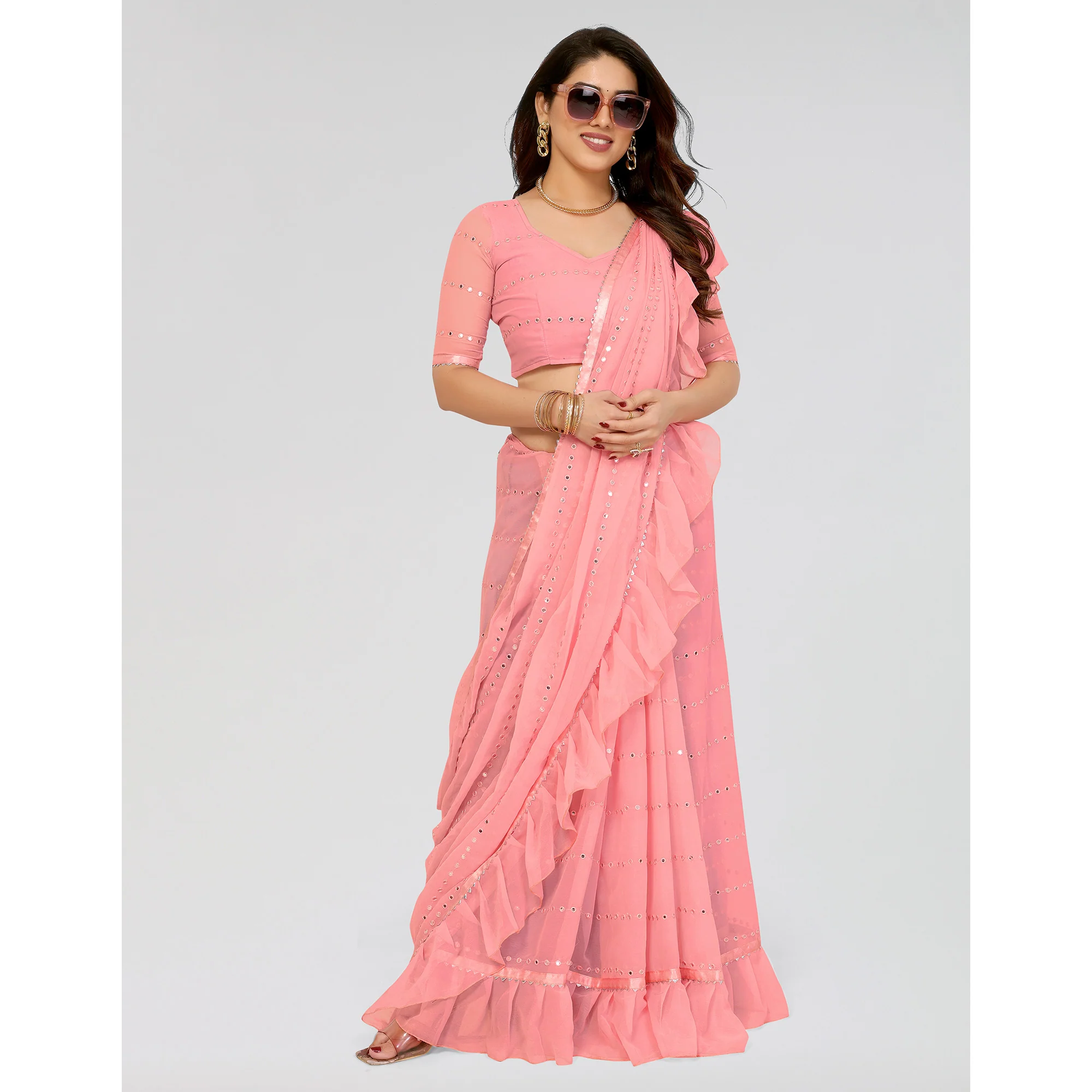 Light Pink Embroidered Georgette Ruffle Saree - Image 4