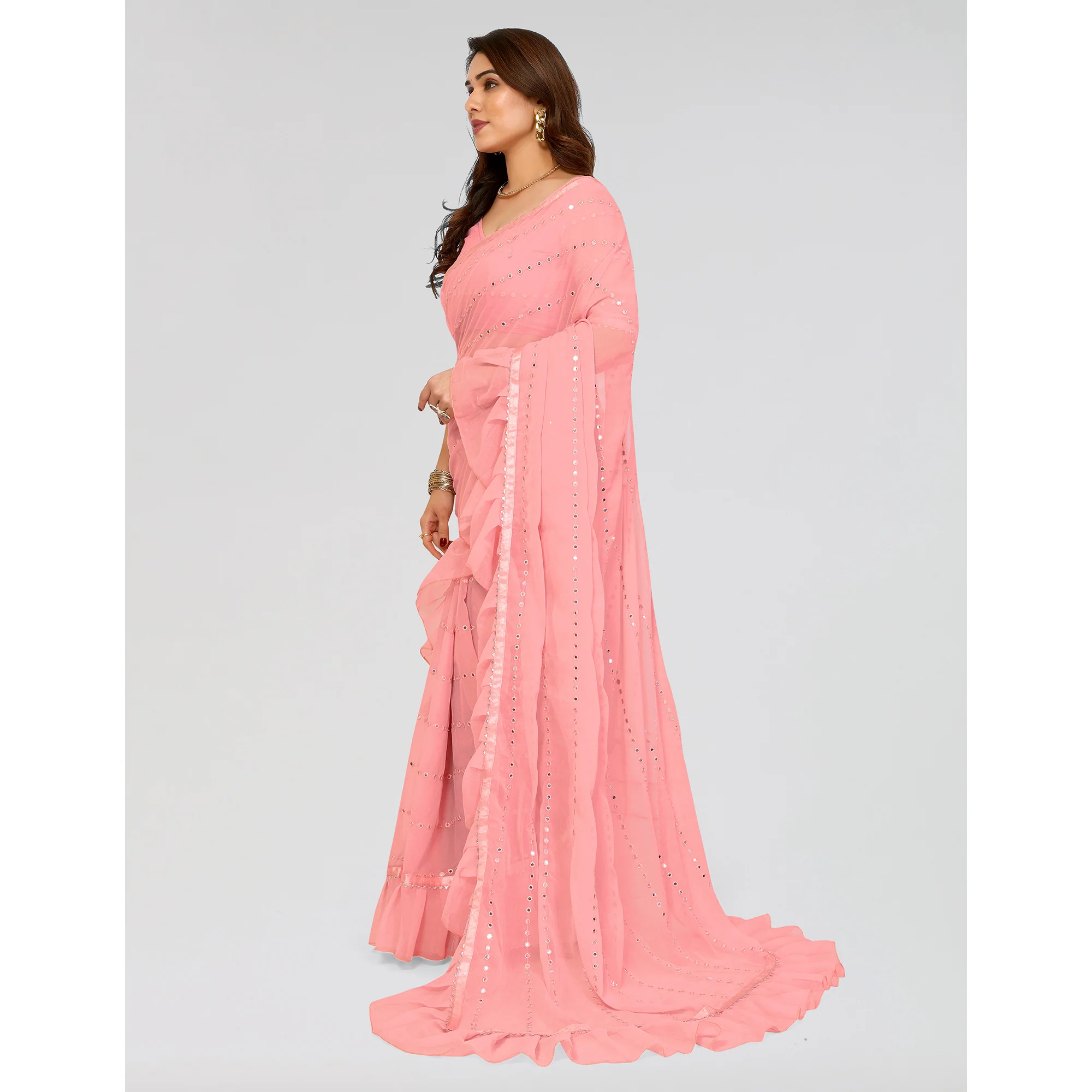 Light Pink Embroidered Georgette Ruffle Saree - Image 5