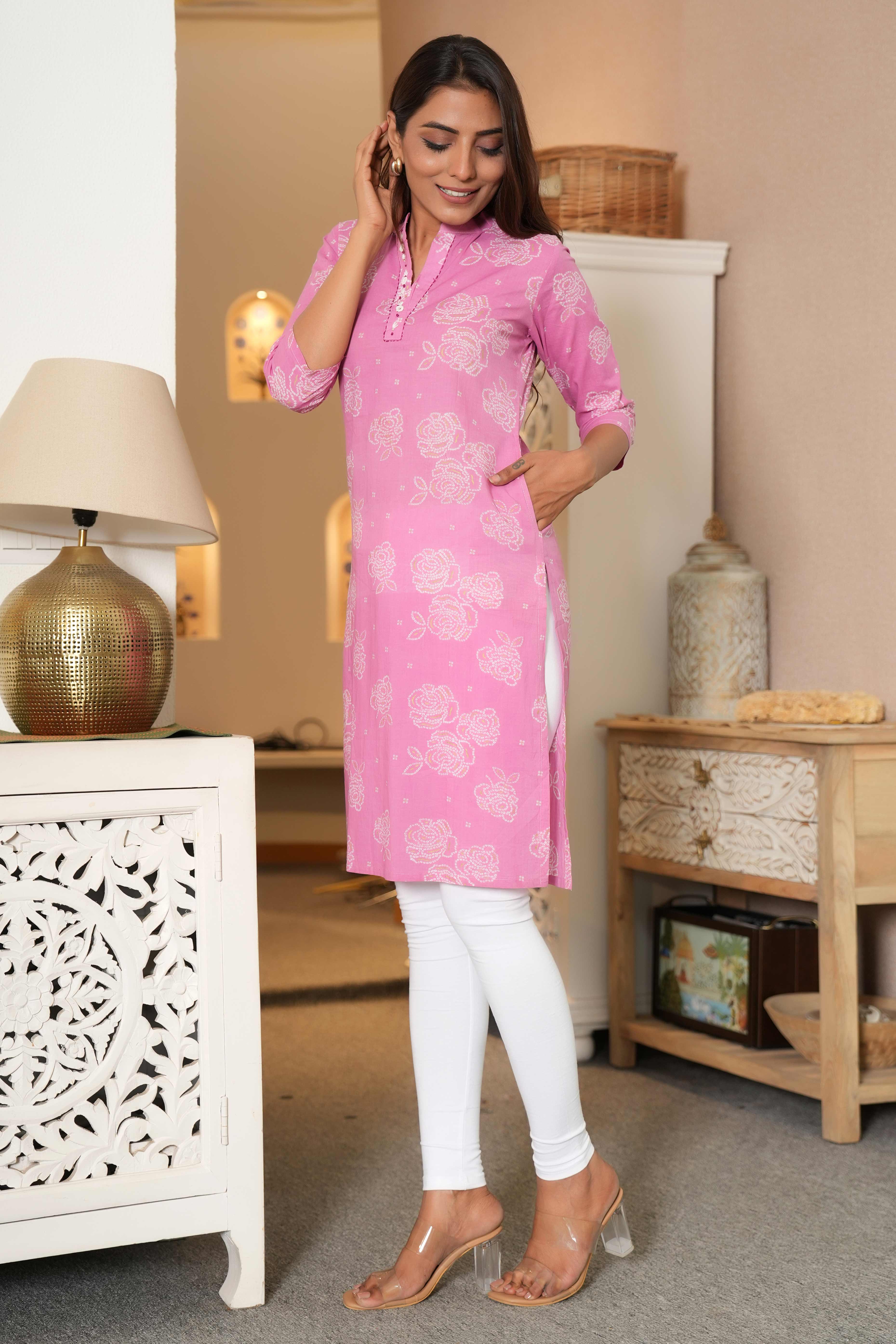 Light Pink Floral Cotton Kurti in Straight Fit For Daily Wear - Image 4