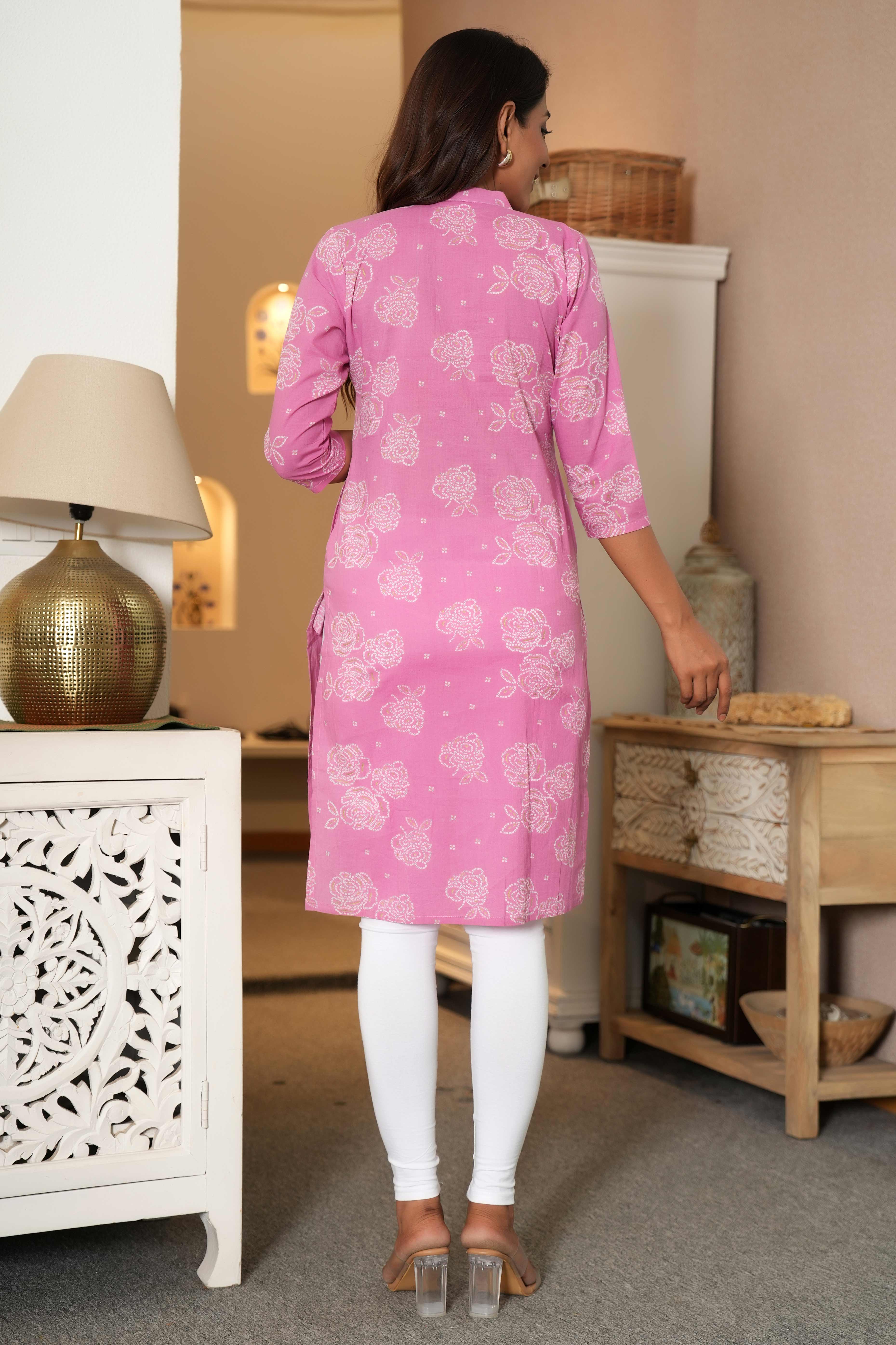 Light Pink Floral Cotton Kurti in Straight Fit For Daily Wear - Image 5