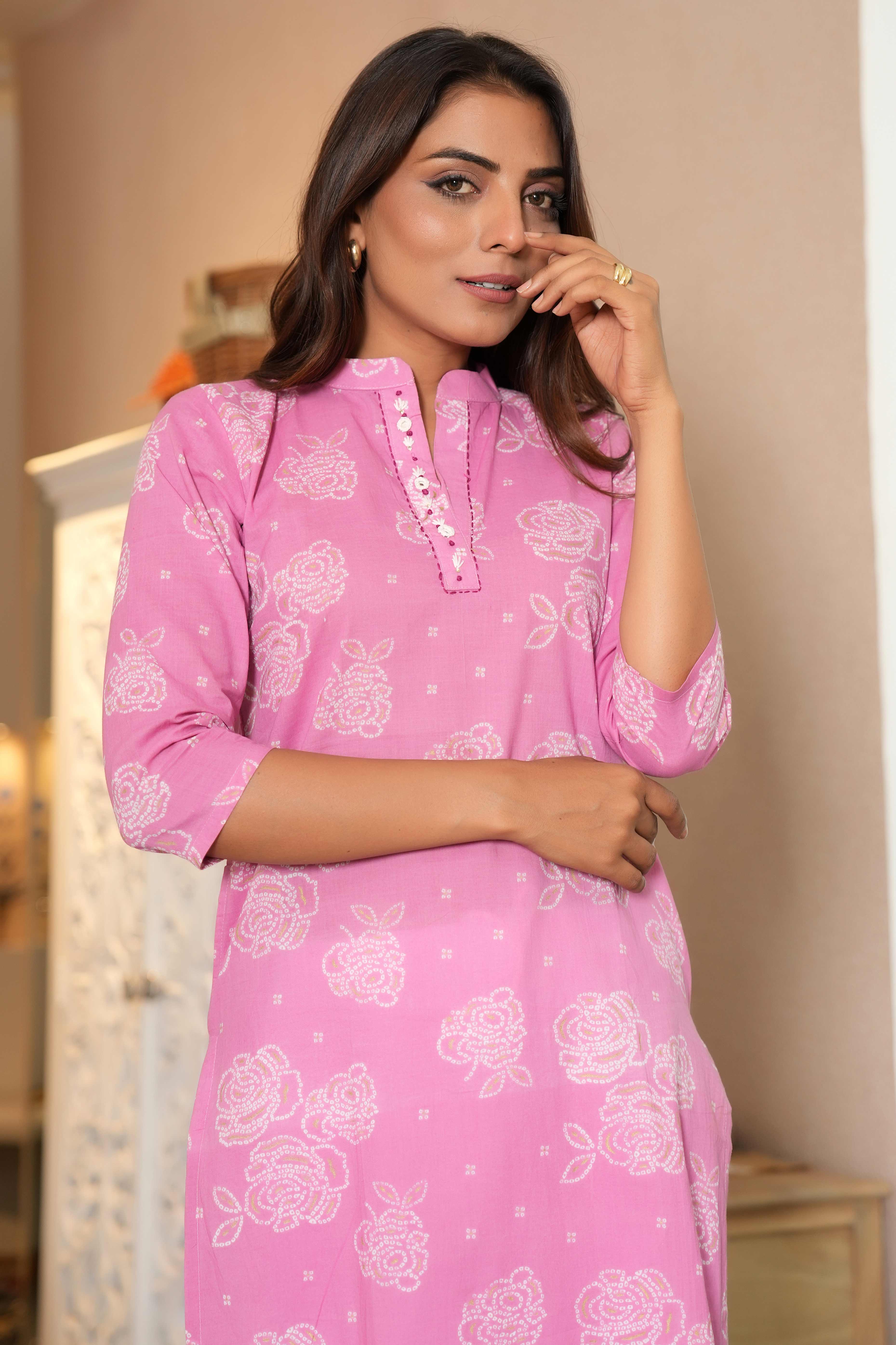 Light Pink Floral Cotton Kurti in Straight Fit For Daily Wear - Image 6