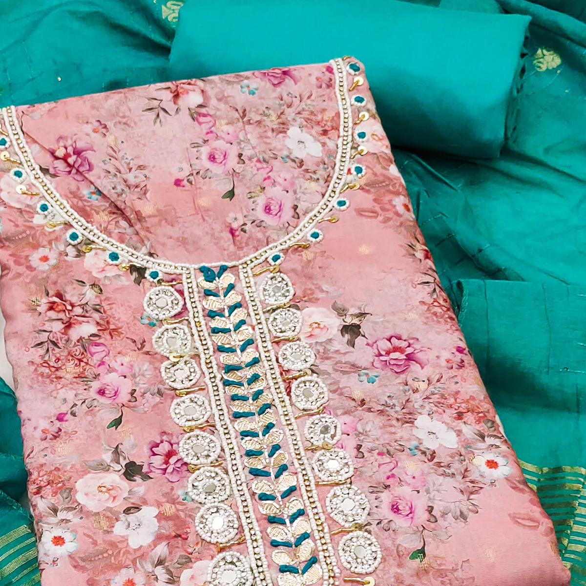 Light Pink Floral Digital Printed Cotton Blend Dress Material Embellished With Moti Hand Embroidery - Image 2