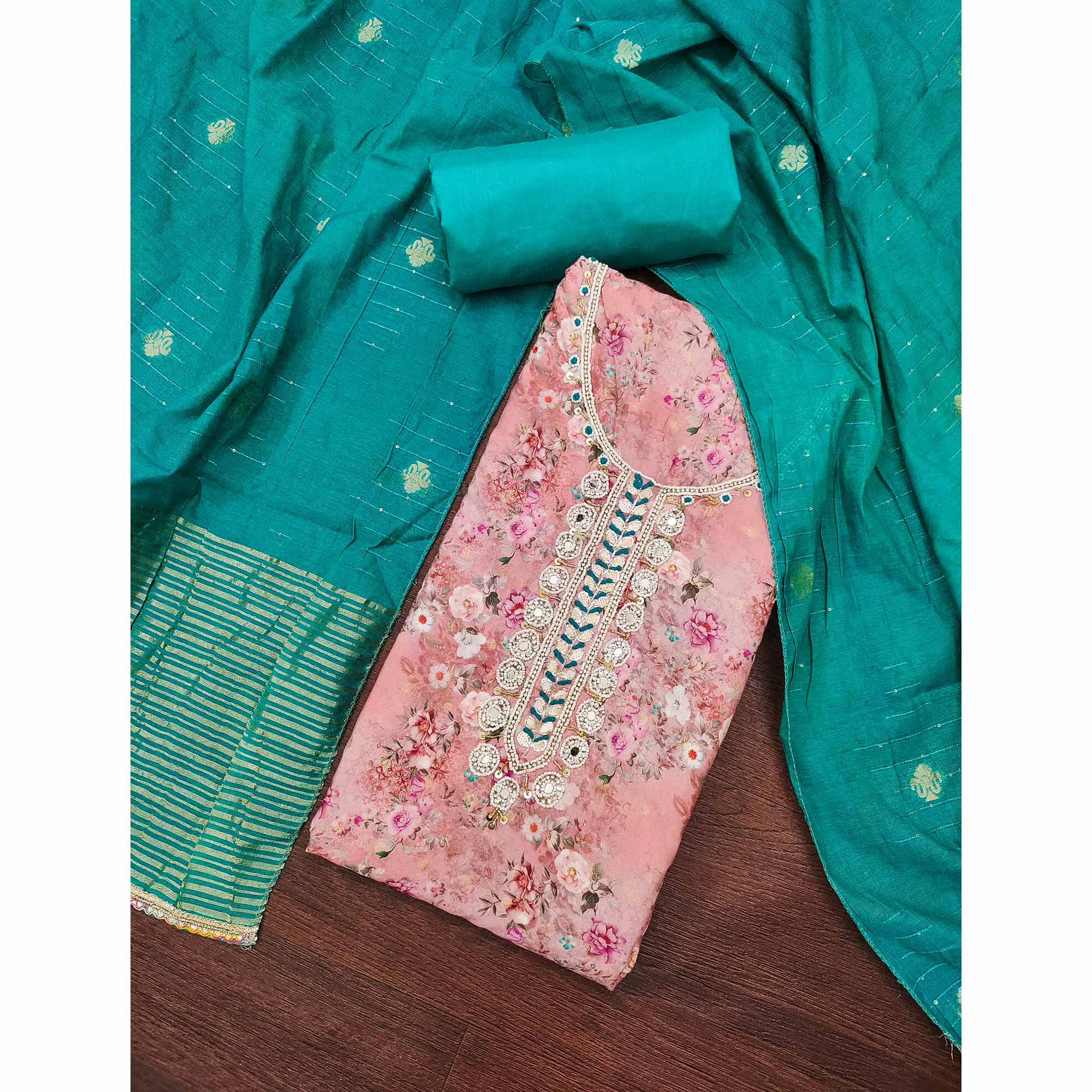 Light Pink Floral Digital Printed Cotton Blend Dress Material Embellished With Moti Hand Embroidery - Image 3