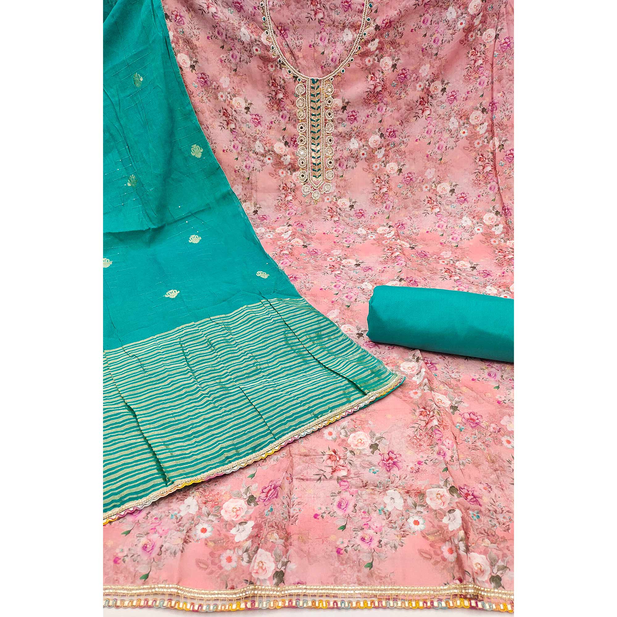Light Pink Floral Digital Printed Cotton Blend Dress Material Embellished With Moti Hand Embroidery - Image 4
